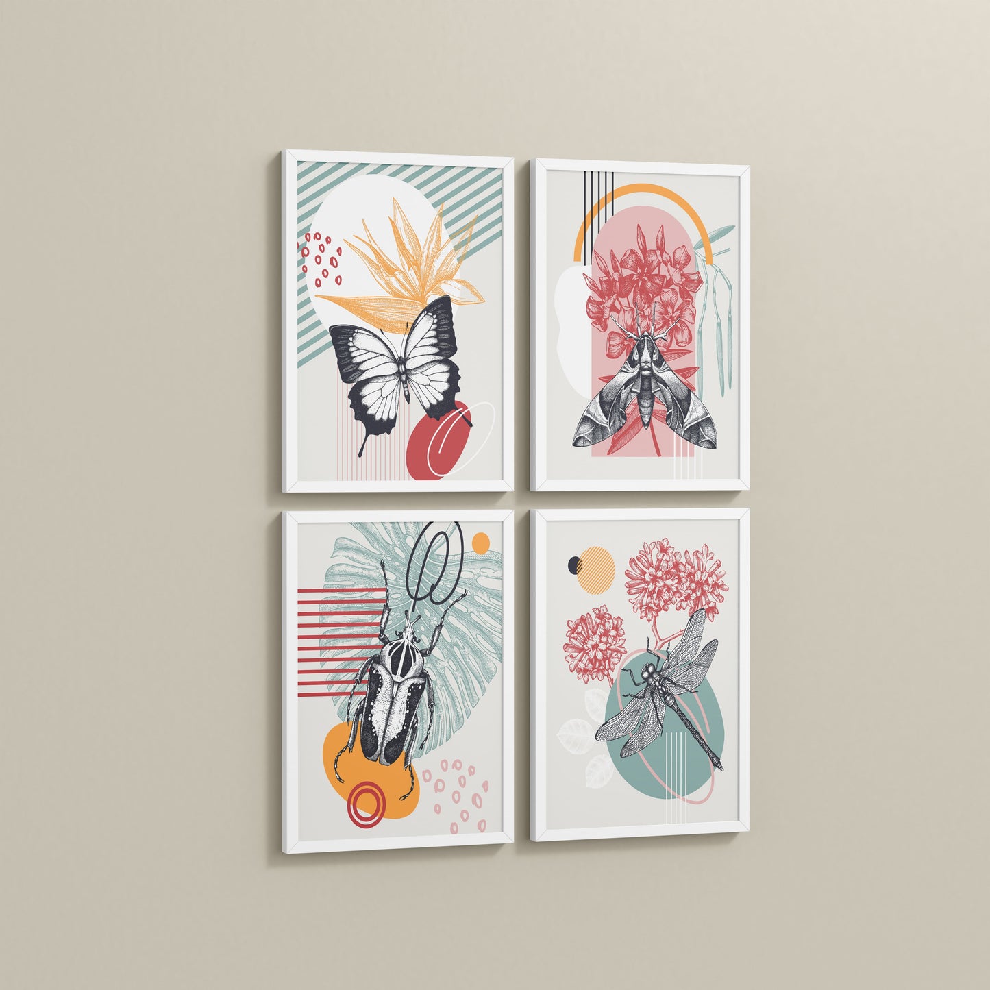 Side View of Timeless Wings Abstract Insect Wall Art Set of 4 Frames in White Color Frame