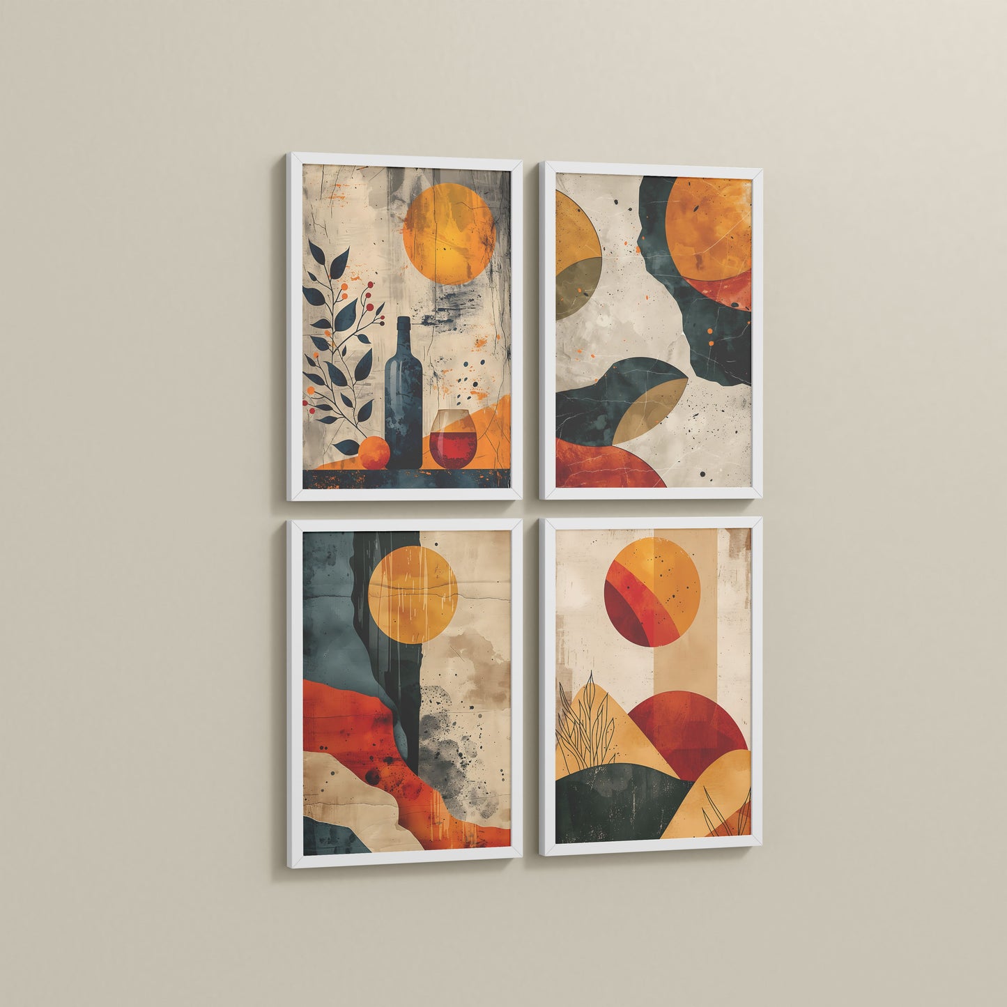 Side View of Modern Harmony Abstract Wall Art Set of 4 Frames in White Color Frame