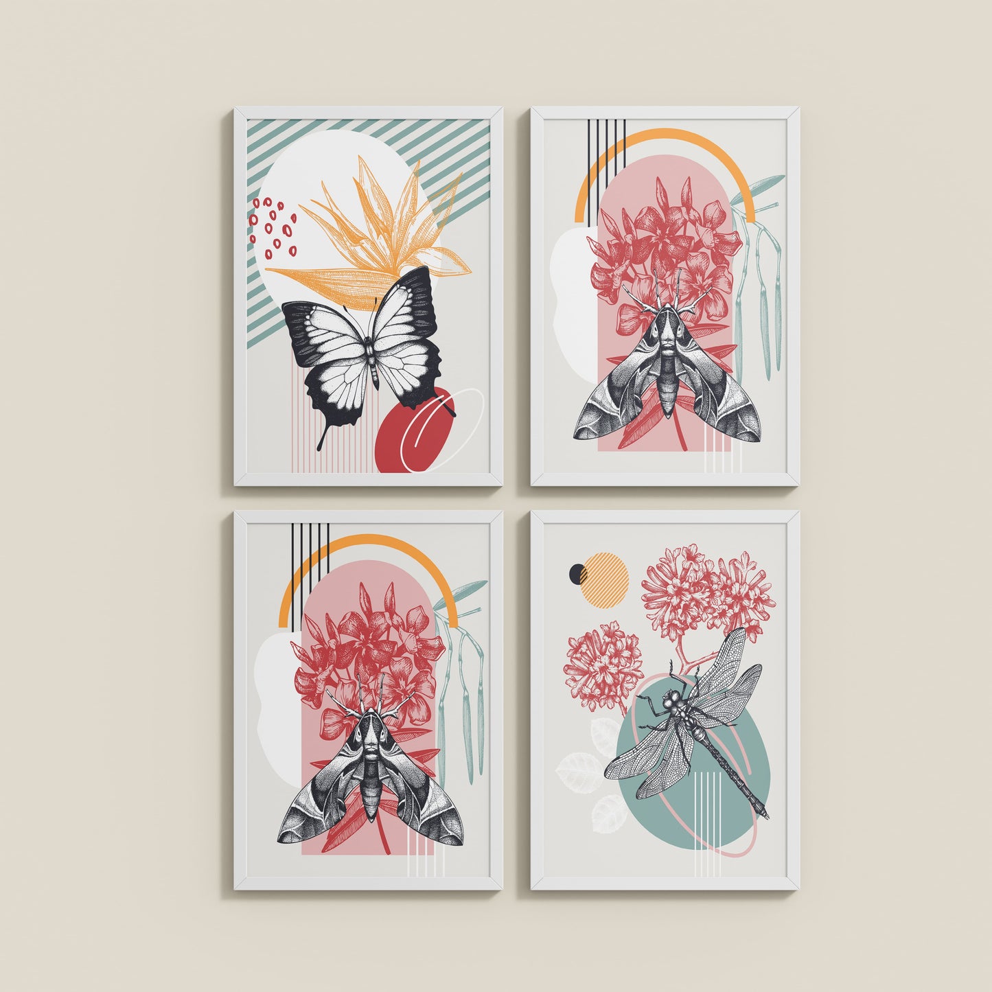 Wall View of Timeless Wings Abstract Insect Wall Art Set of 4 Frames in White Color Frame