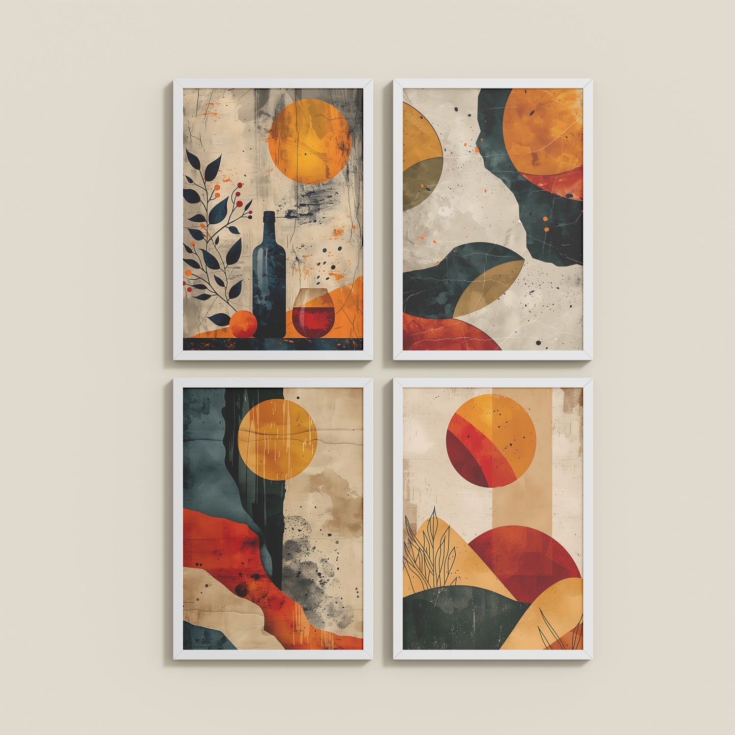Wall View of Modern Harmony Abstract Wall Art Set of 4 Frames in White Color Frame