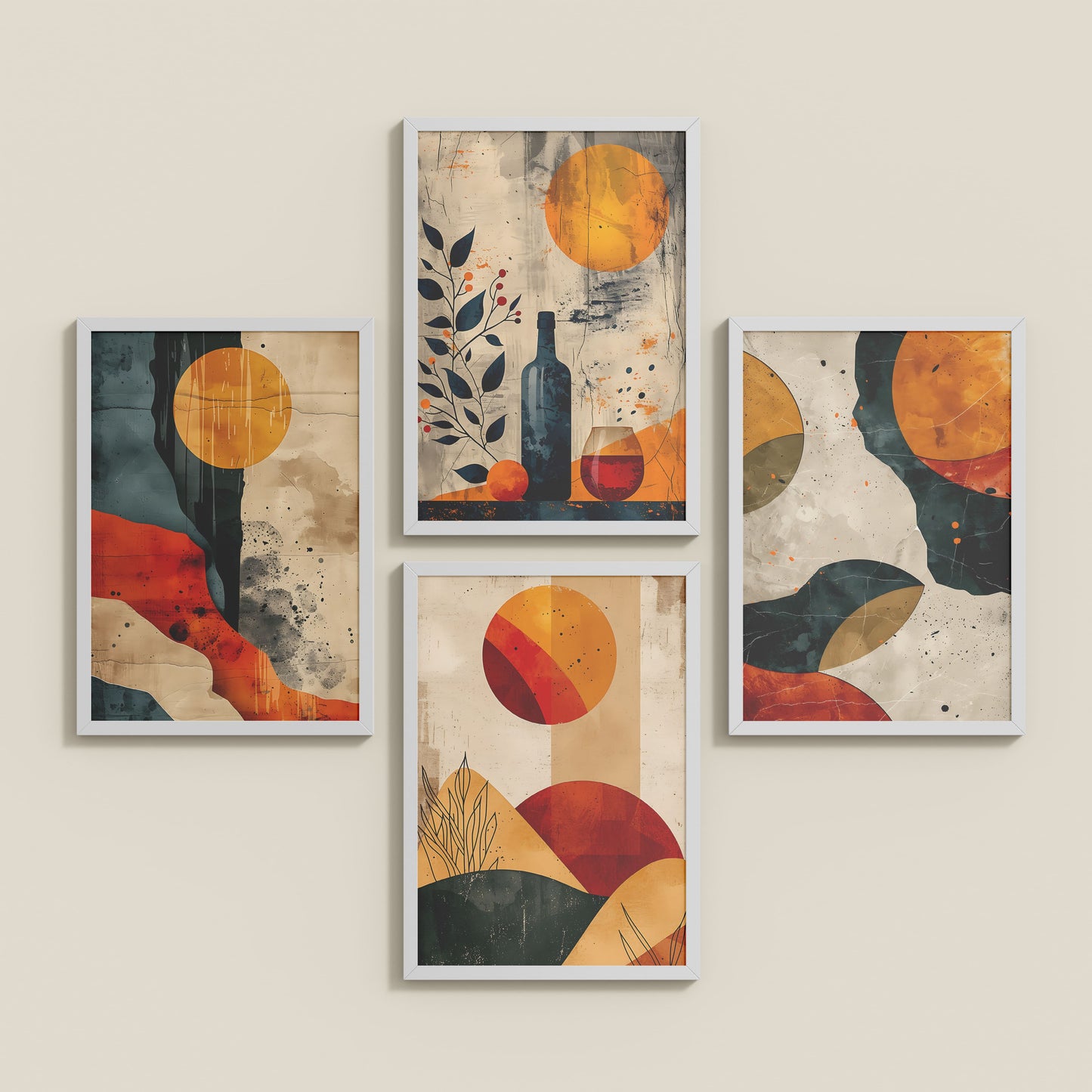 Inclined Floor View of Modern Harmony Abstract Wall Art Set of 4 Frames in White Color Frame
