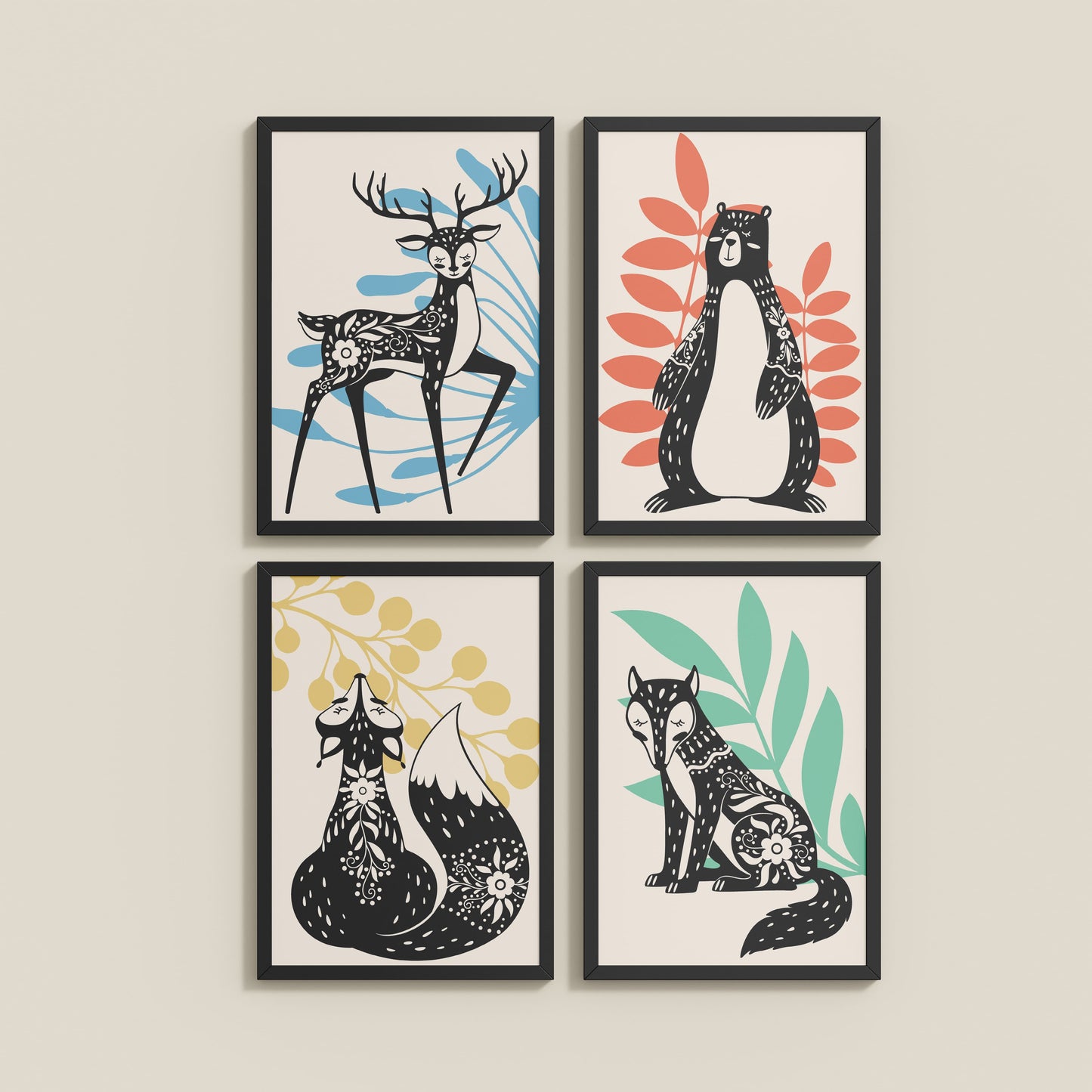 Wall View of Nature’s Gaze – Wild Animal Portrait Set of 4 Frames in Black Color Frame