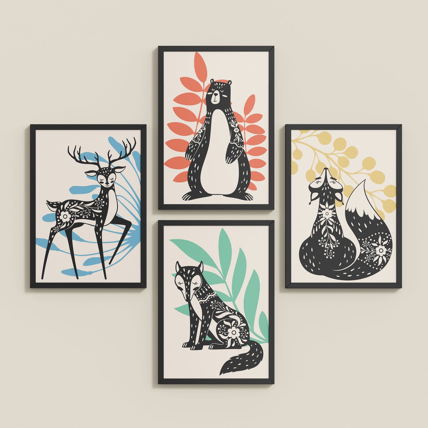 Inclined Floor View of Nature’s Gaze – Wild Animal Portrait Set of 4 Frames in Black Color Frame
