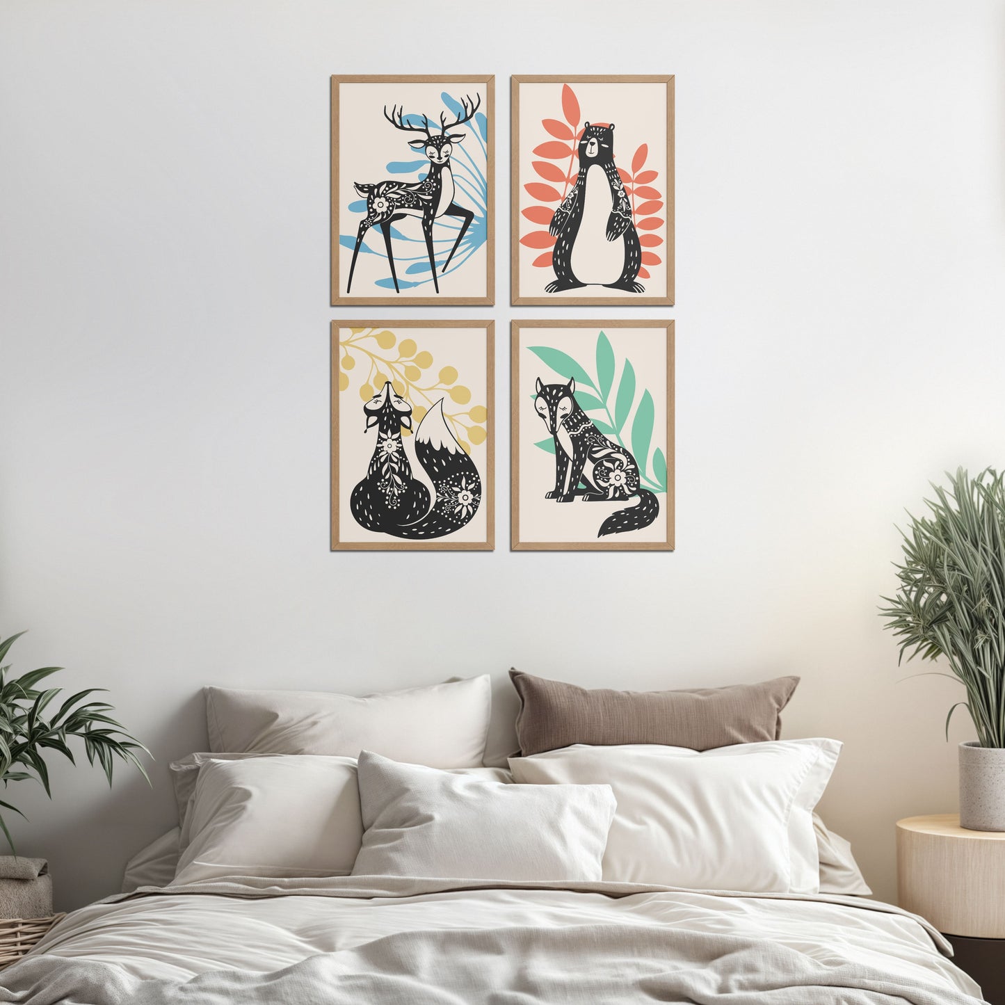 Bed Room Preview of Nature’s Gaze – Wild Animal Portrait Set of 4 Frames in Natrual Color Frame