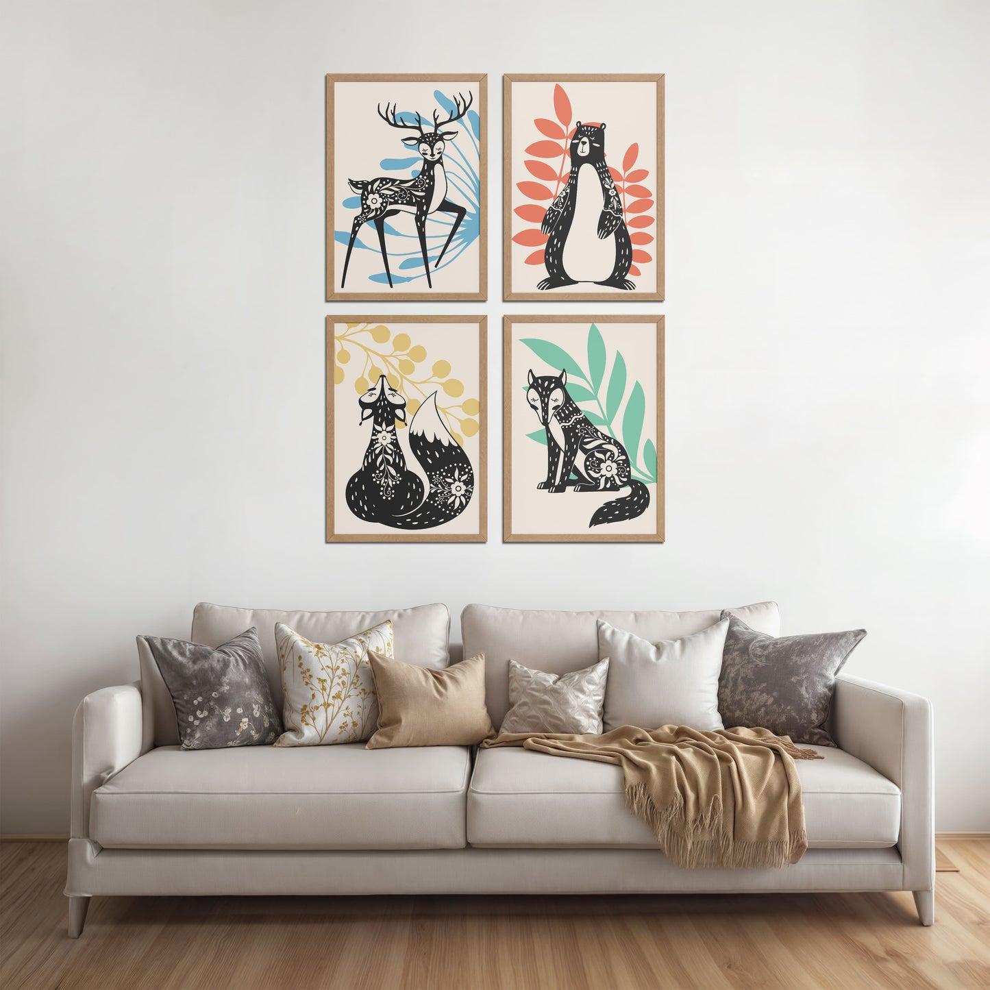 Living Room Sofa Preview of Nature’s Gaze – Wild Animal Portrait Set of 4 Frames in Natrual Color Frame
