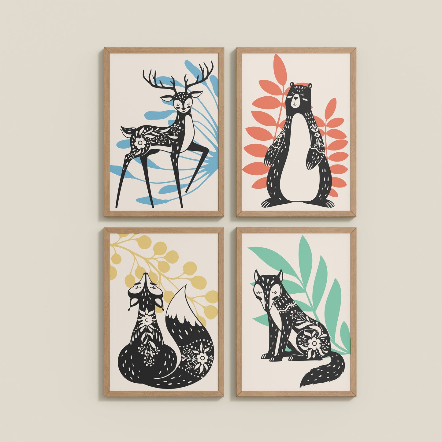 Wall View of Nature’s Gaze – Wild Animal Portrait Set of 4 Frames in Natrual Color Frame