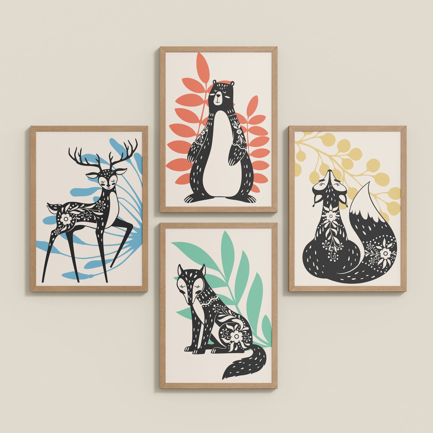Inclined Floor View of Nature’s Gaze – Wild Animal Portrait Set of 4 Frames in Natrual Color Frame