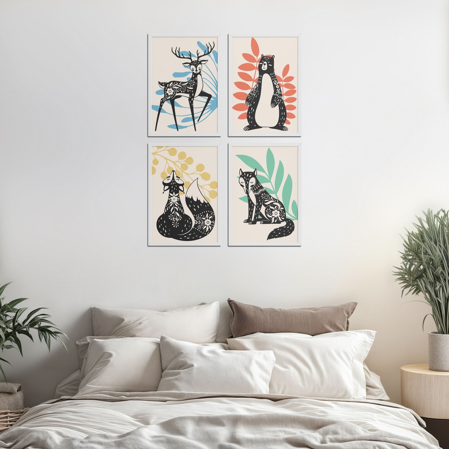 Bed Room Preview of Nature’s Gaze – Wild Animal Portrait Set of 4 Frames in White Color Frame