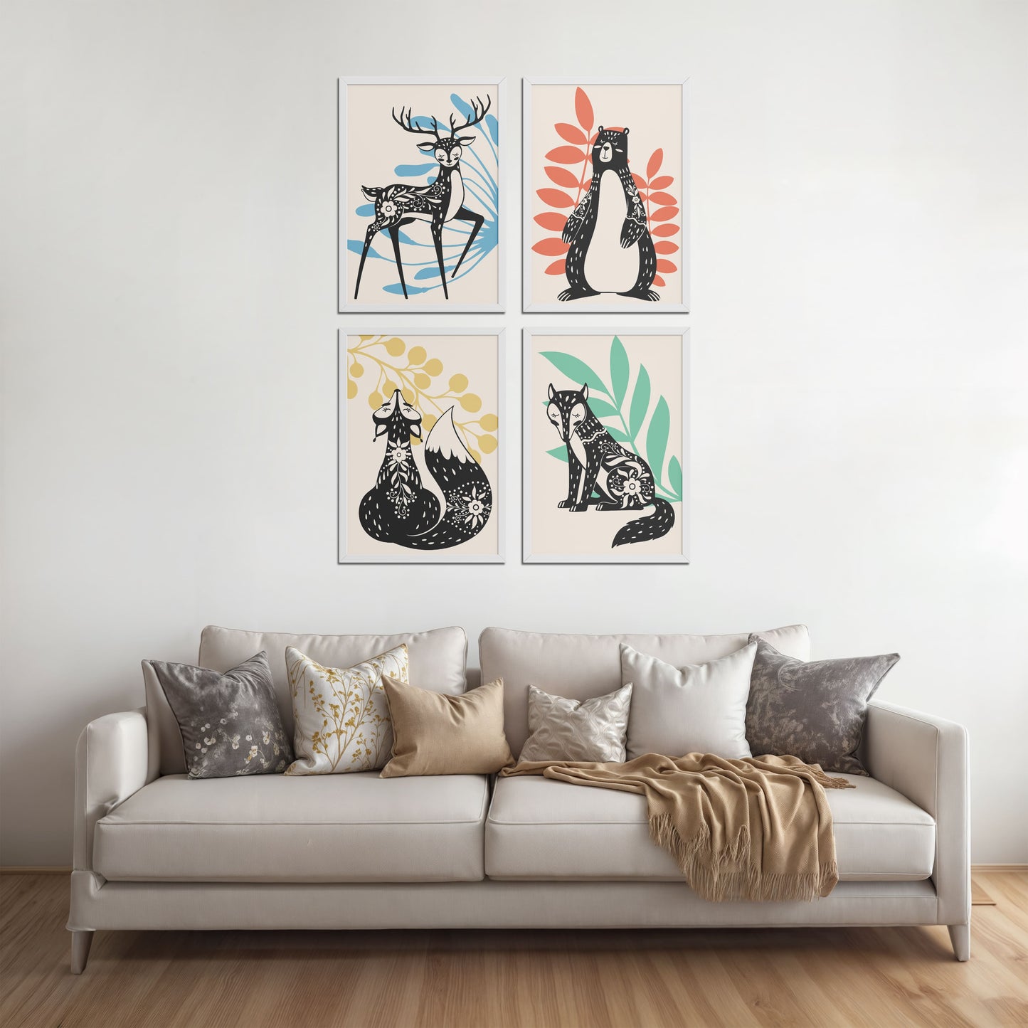 Living Room Sofa Preview of Nature’s Gaze – Wild Animal Portrait Set of 4 Frames in White Color Frame