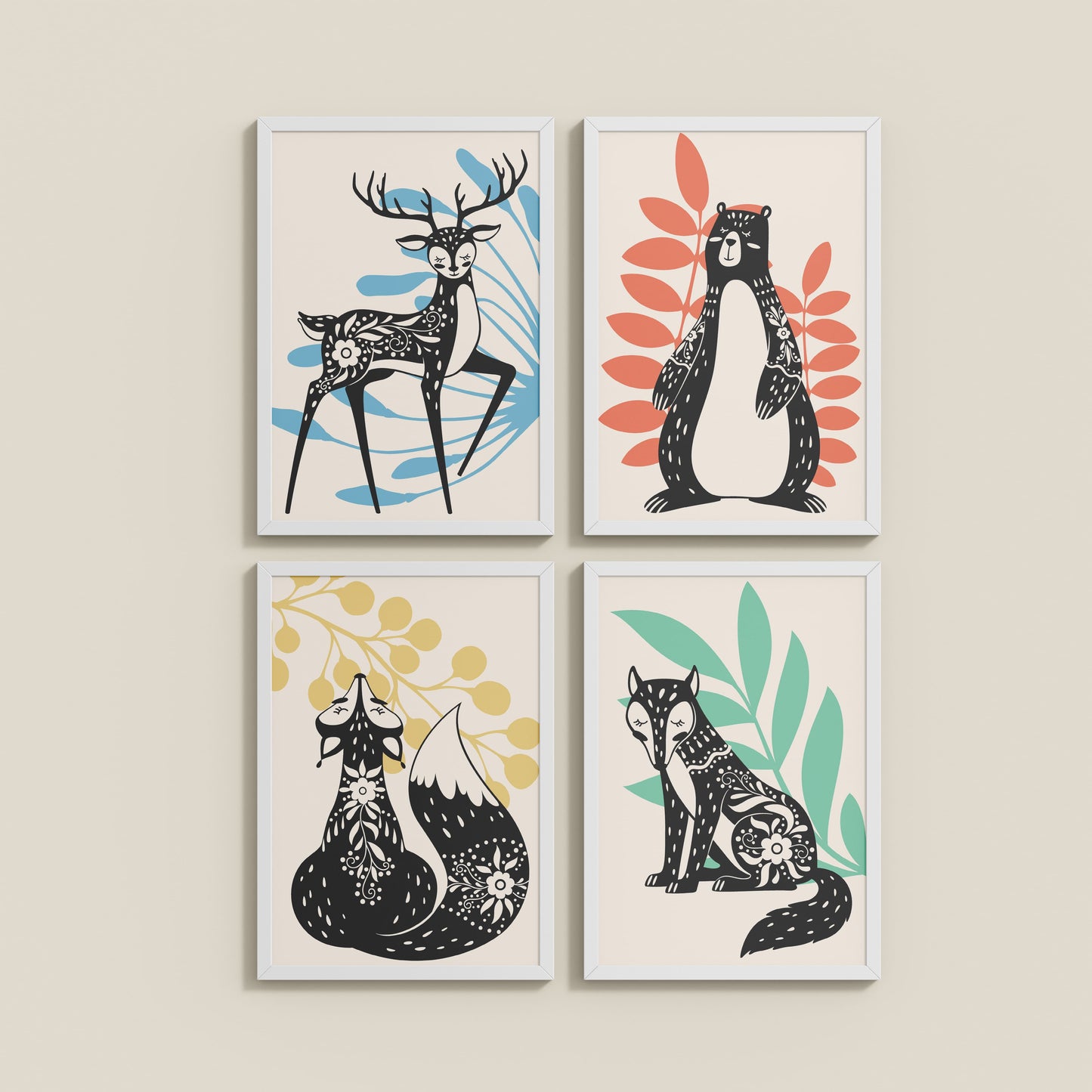 Wall View of Nature’s Gaze – Wild Animal Portrait Set of 4 Frames in White Color Frame
