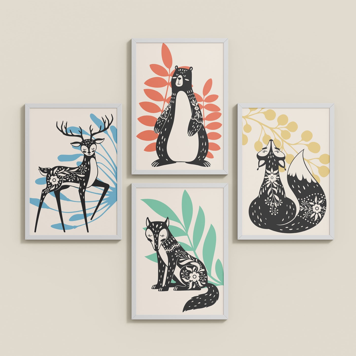 Inclined Floor View of Nature’s Gaze – Wild Animal Portrait Set of 4 Frames in White Color Frame