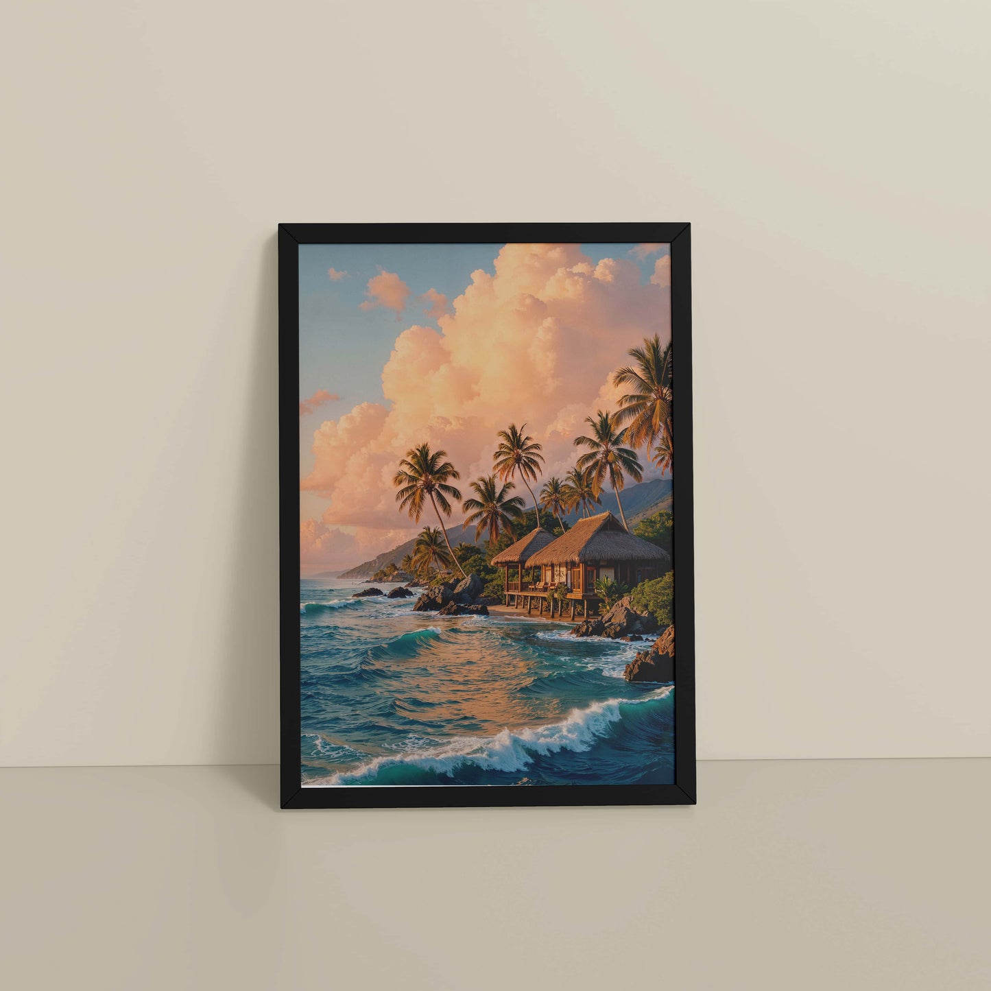 Floor View of Waves of Serenity – Beachfront Bliss Photo Frame in Black Color Frame