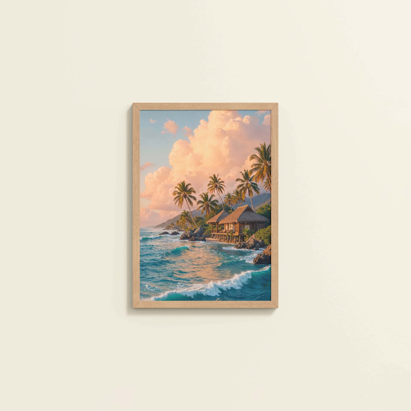 Wall View of Waves of Serenity – Beachfront Bliss Photo Frame in Natrual Color Frame