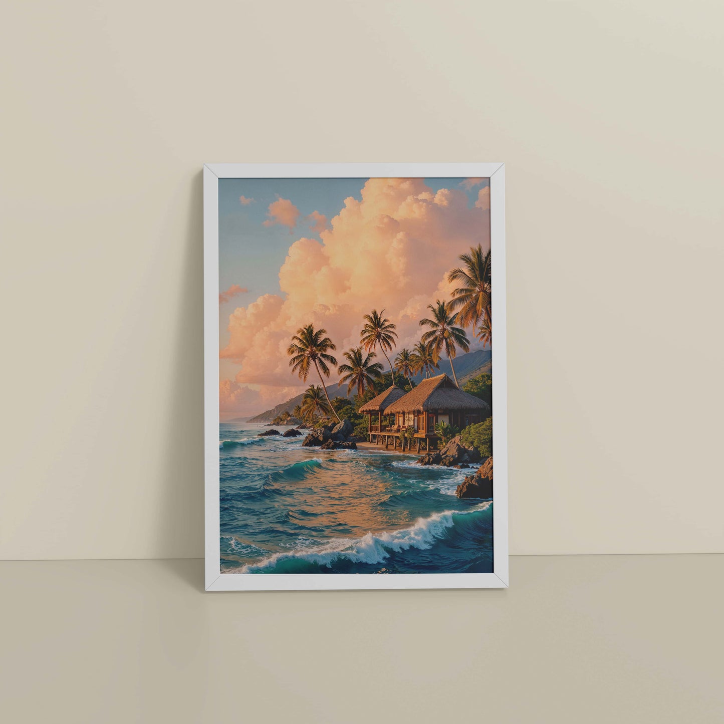 Floor View of Waves of Serenity – Beachfront Bliss Photo Frame in White Color Frame