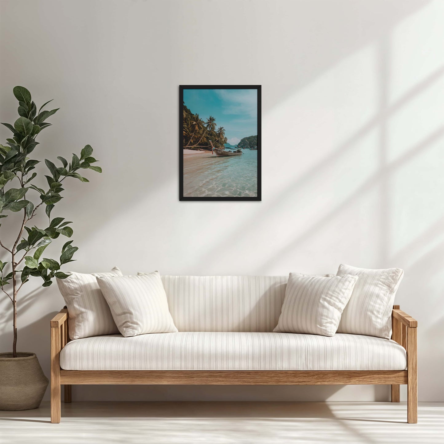 Living Room Cabinet Table Preview of Ocean’s Edge – Resting Boat Wall Art & Frame in Black Color Frame
