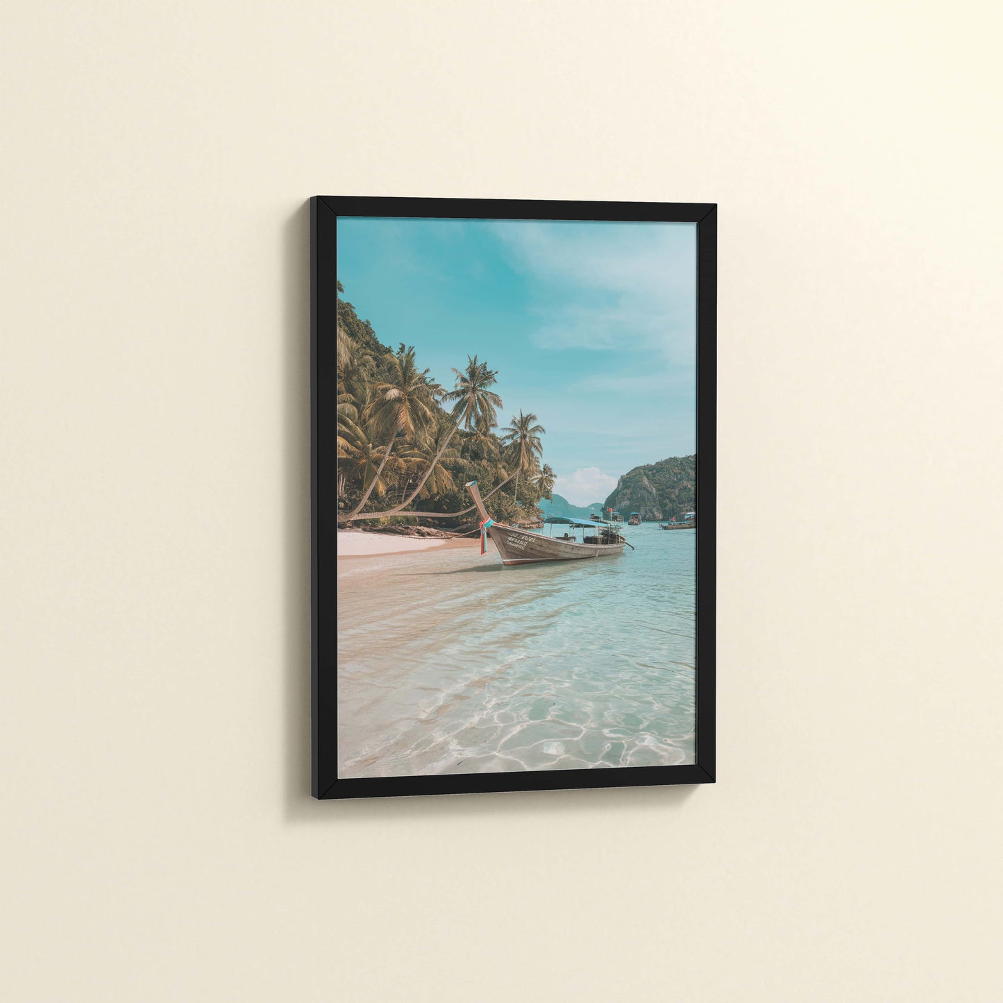 Side View of Ocean’s Edge – Resting Boat Wall Art & Frame in Black Color Frame