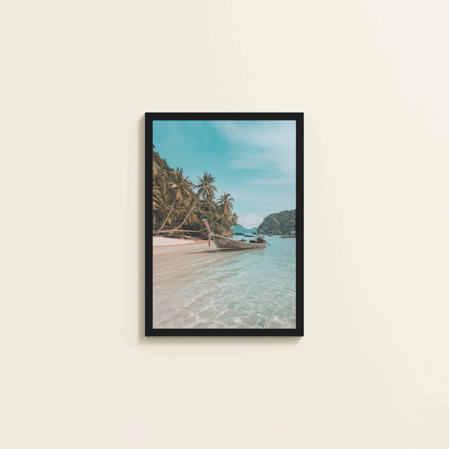 Wall View of Ocean’s Edge – Resting Boat Wall Art & Frame in Black Color Frame