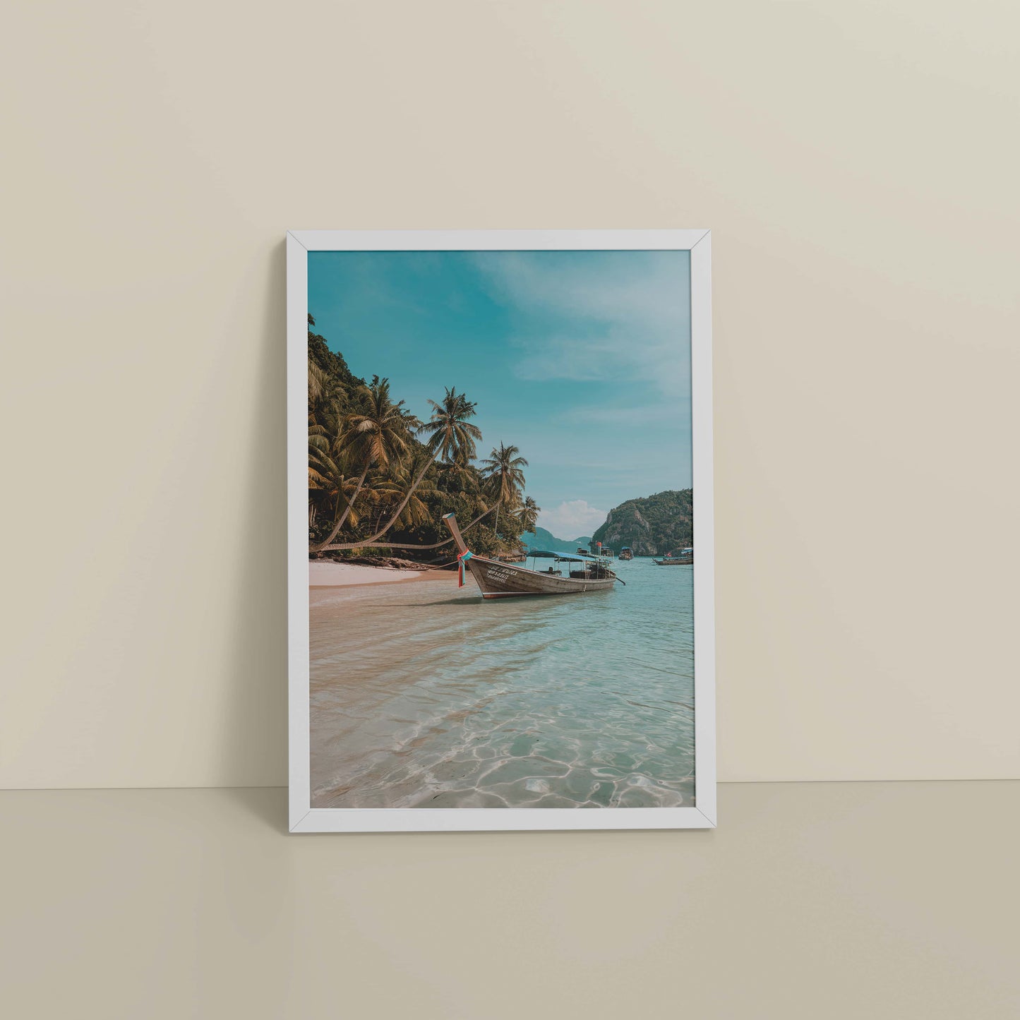 Floor View of Ocean’s Edge – Resting Boat Wall Art & Frame in White Color Frame