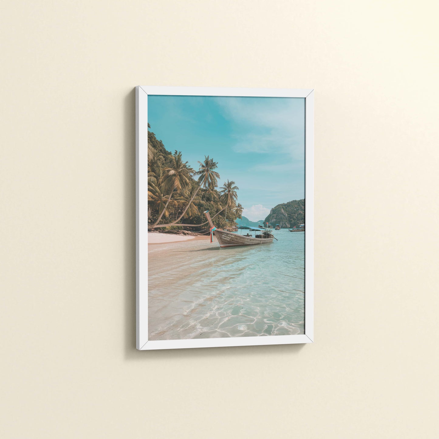 Side View of Ocean’s Edge – Resting Boat Wall Art & Frame in White Color Frame