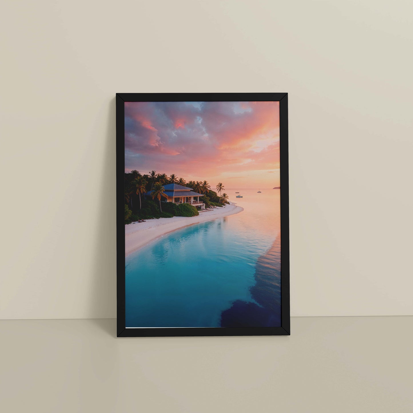 Floor View of Sunlit Shore – Pretty Beach with Nature in Wall Frame in Black Color Frame