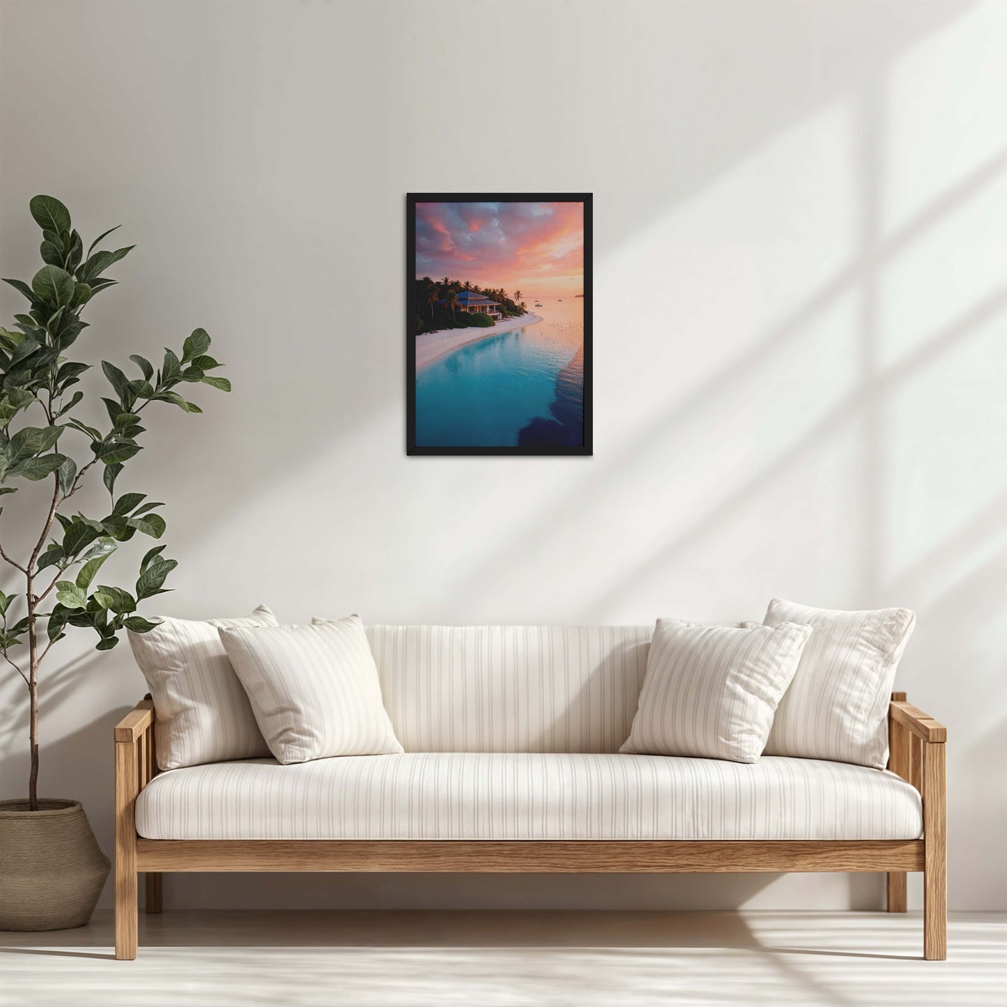 Living Room Cabinet Table Preview of Sunlit Shore – Pretty Beach with Nature in Wall Frame in Black Color Frame