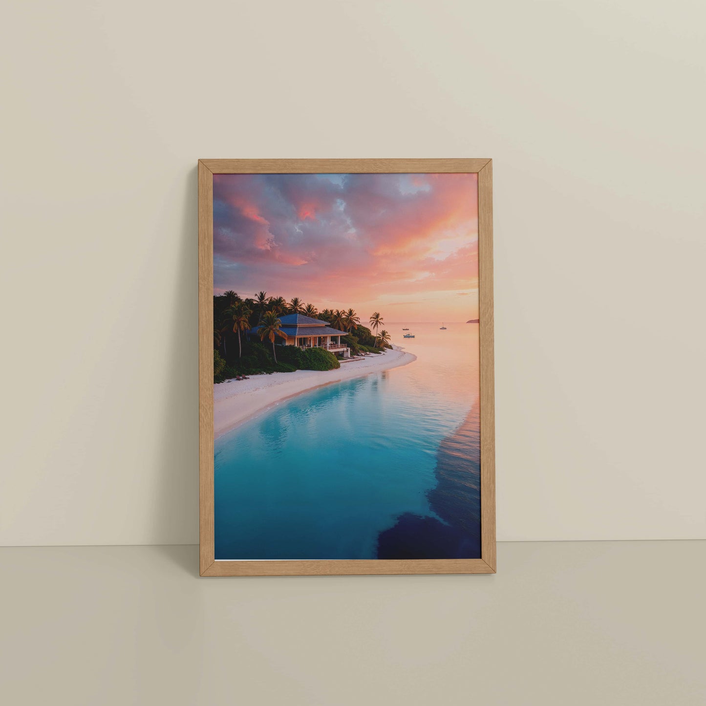 Floor View of Sunlit Shore – Pretty Beach with Nature in Wall Frame in Natrual Color Frame