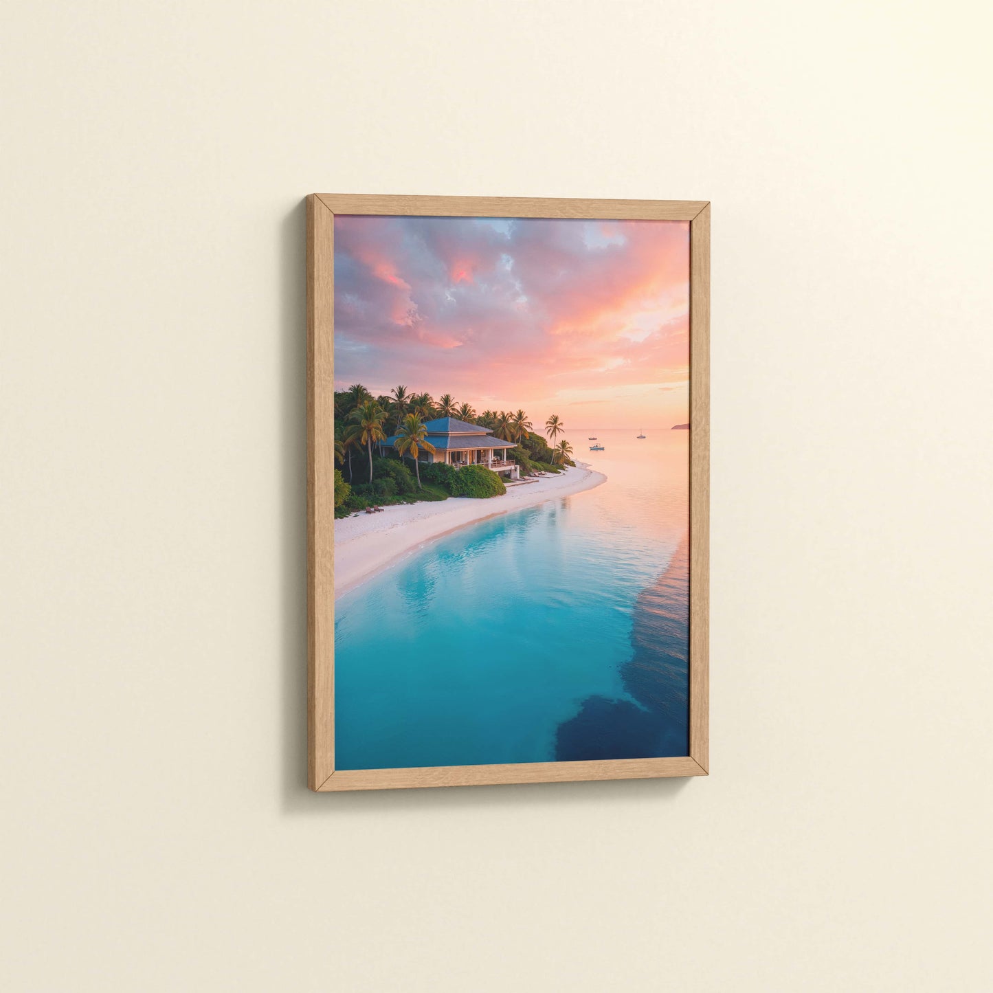 Side View of Sunlit Shore – Pretty Beach with Nature in Wall Frame in Natrual Color Frame