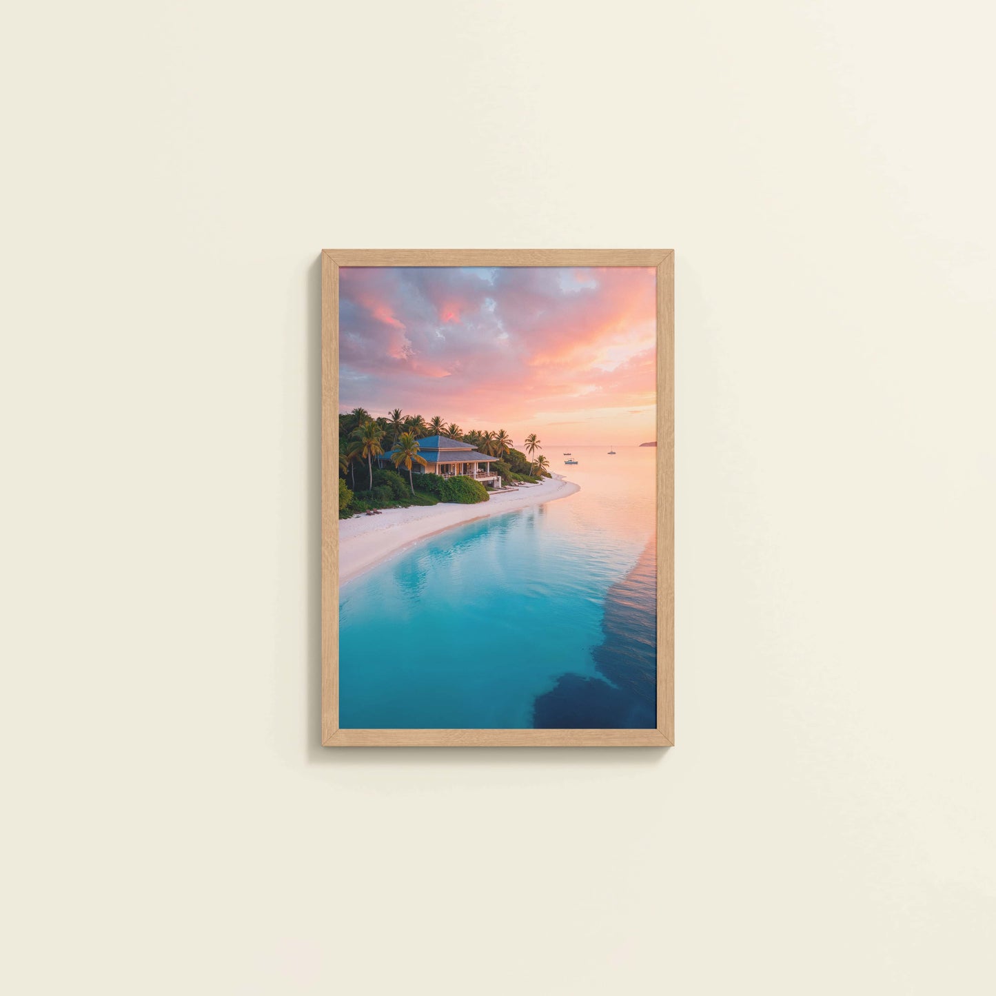 Wall View of Sunlit Shore – Pretty Beach with Nature in Wall Frame in Natrual Color Frame