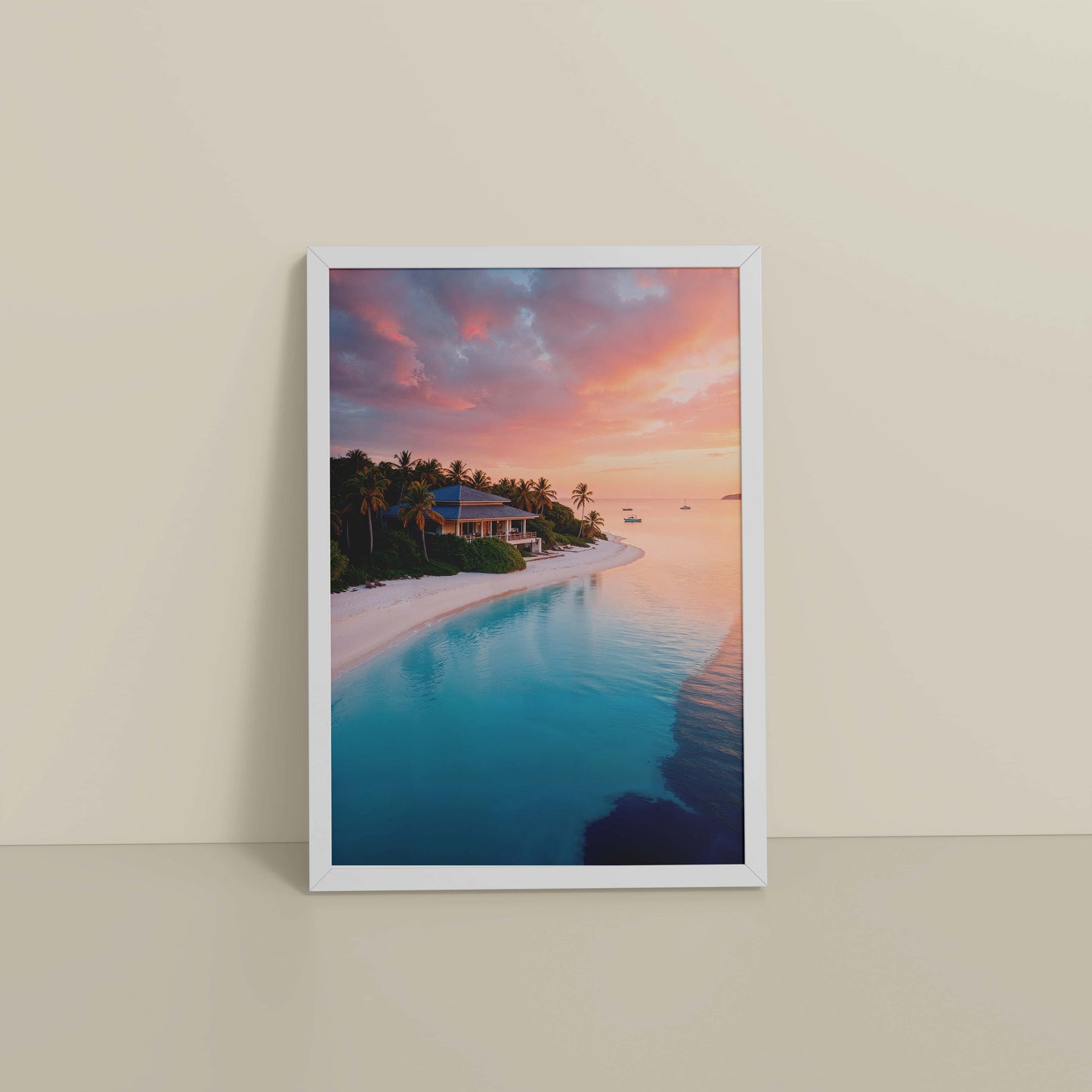 Floor View of Sunlit Shore – Pretty Beach with Nature in Wall Frame in White Color Frame