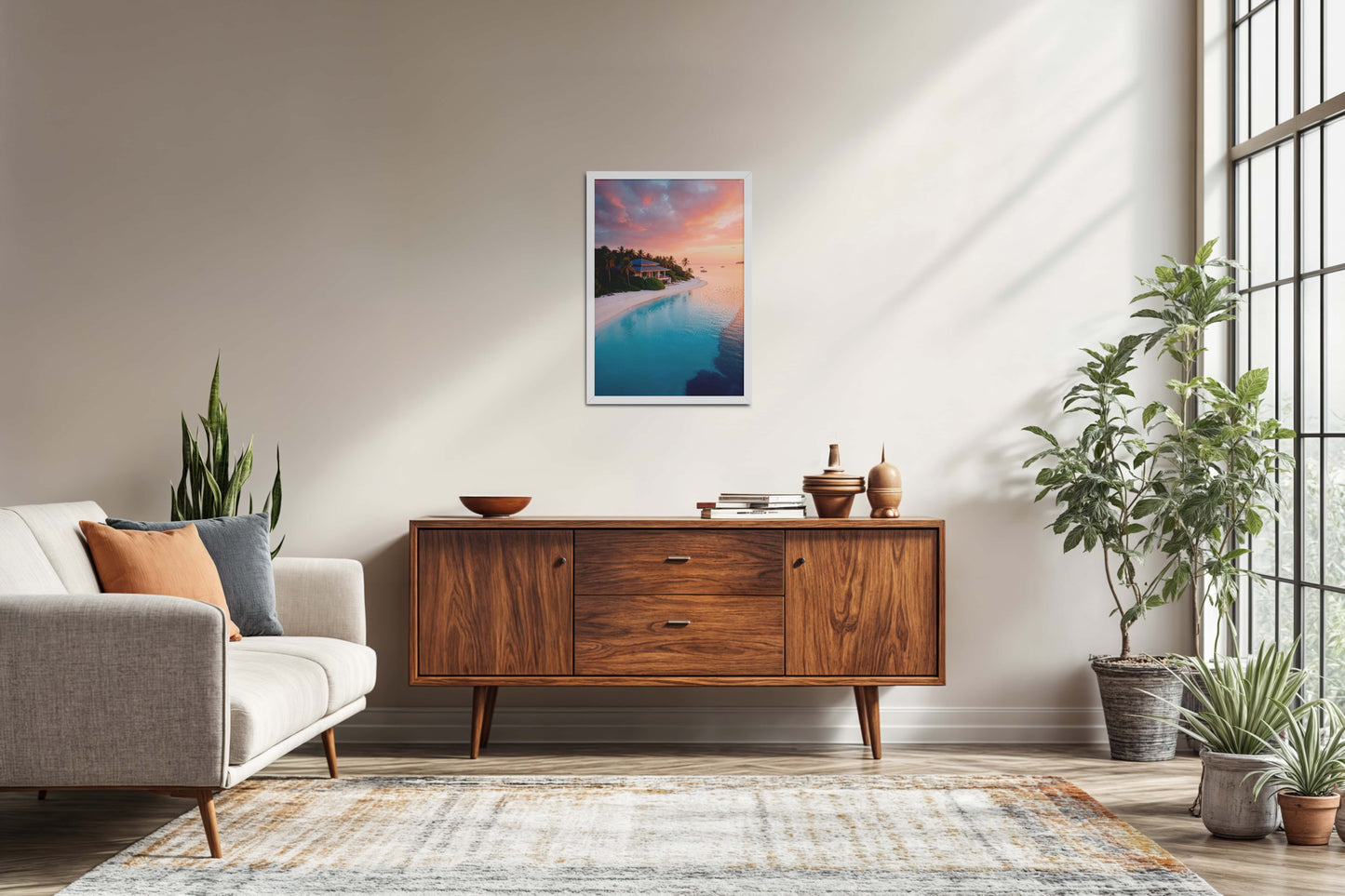 Living Room Sofa Preview of Sunlit Shore – Pretty Beach with Nature in Wall Frame in White Color Frame