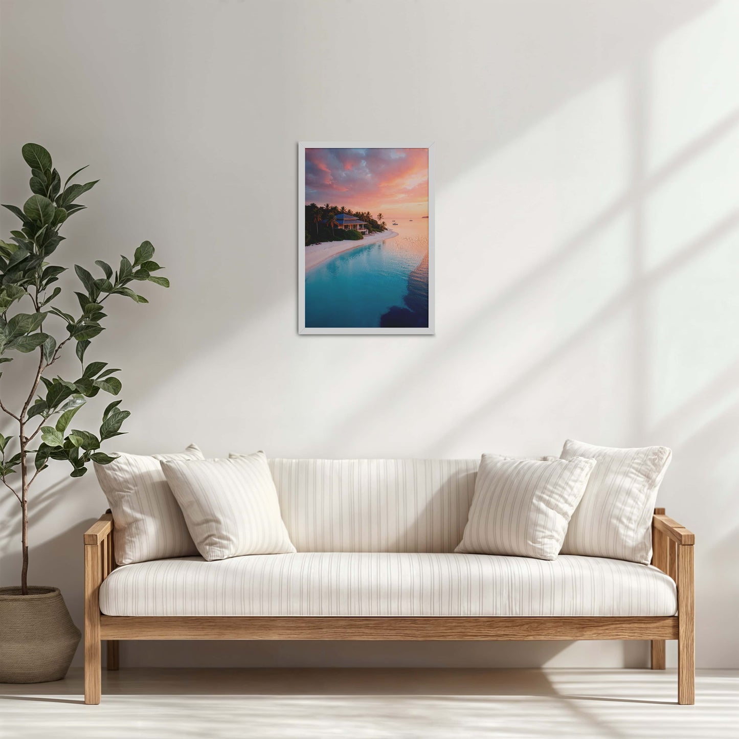 Living Room Cabinet Table Preview of Sunlit Shore – Pretty Beach with Nature in Wall Frame in White Color Frame