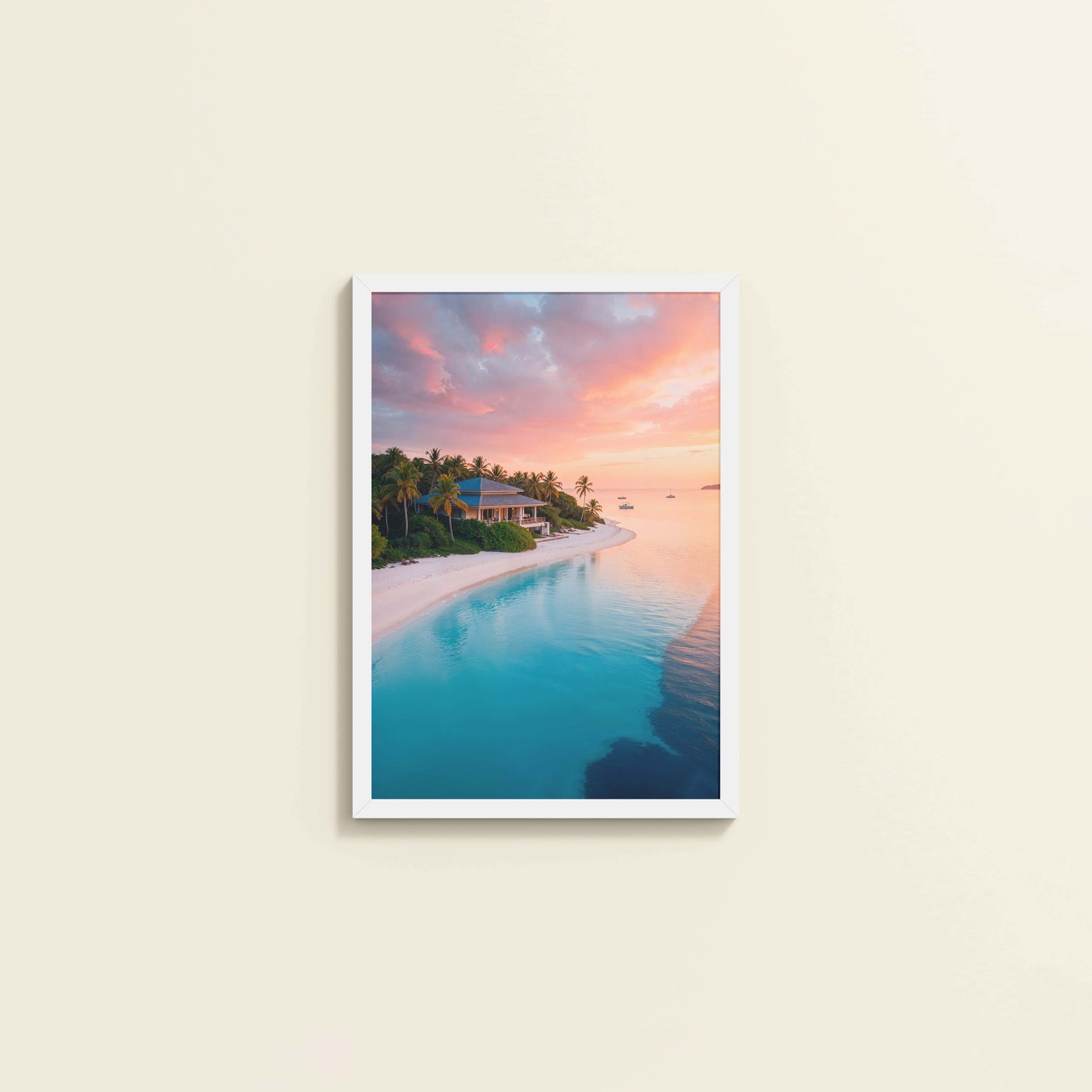 Wall View of Sunlit Shore – Pretty Beach with Nature in Wall Frame in White Color Frame