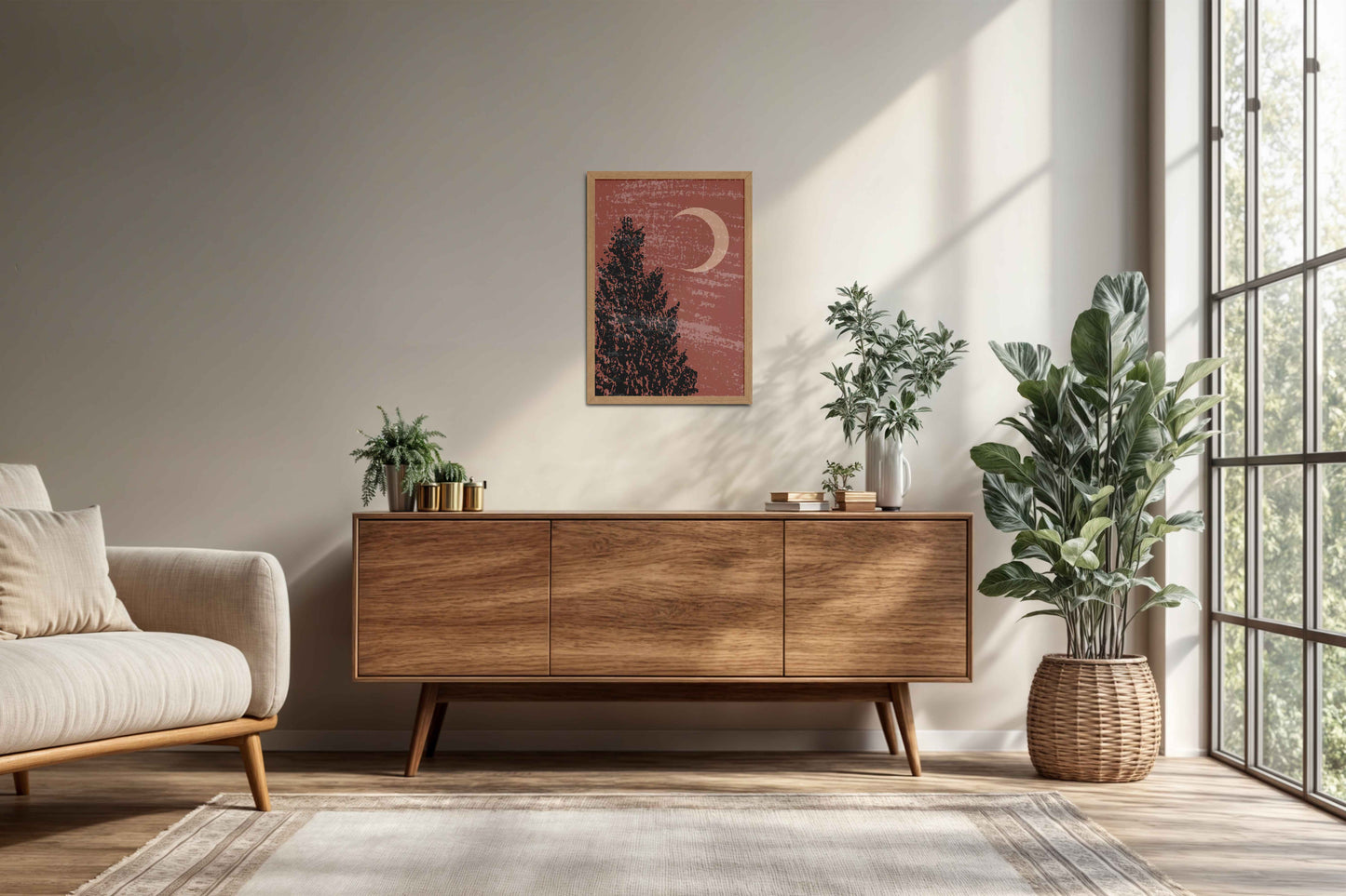 Living Room Cabinet Preview of Sacred Moon & Tree – Boho-Inspired Wall Decor in Natrual Color Frame