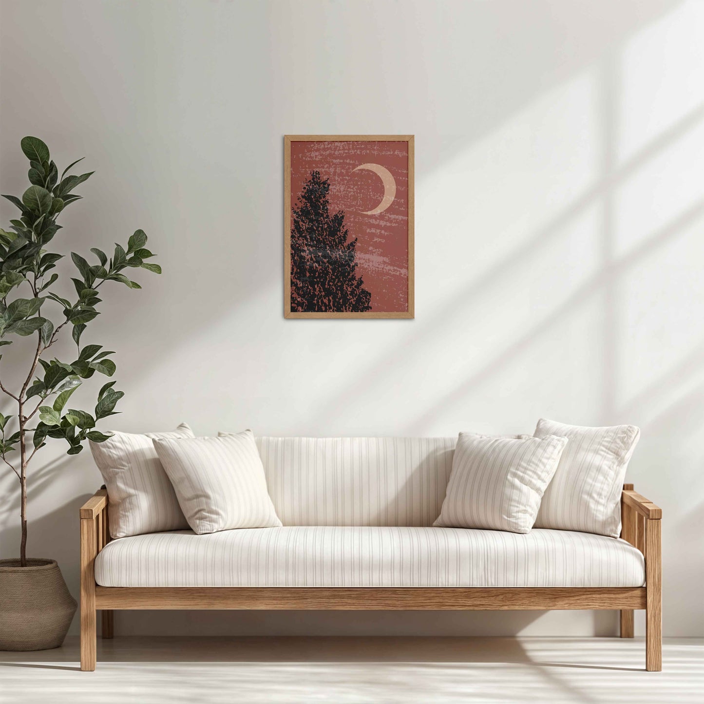 Living Room Cabinet Table Preview of Sacred Moon & Tree – Boho-Inspired Wall Decor in Natrual Color Frame