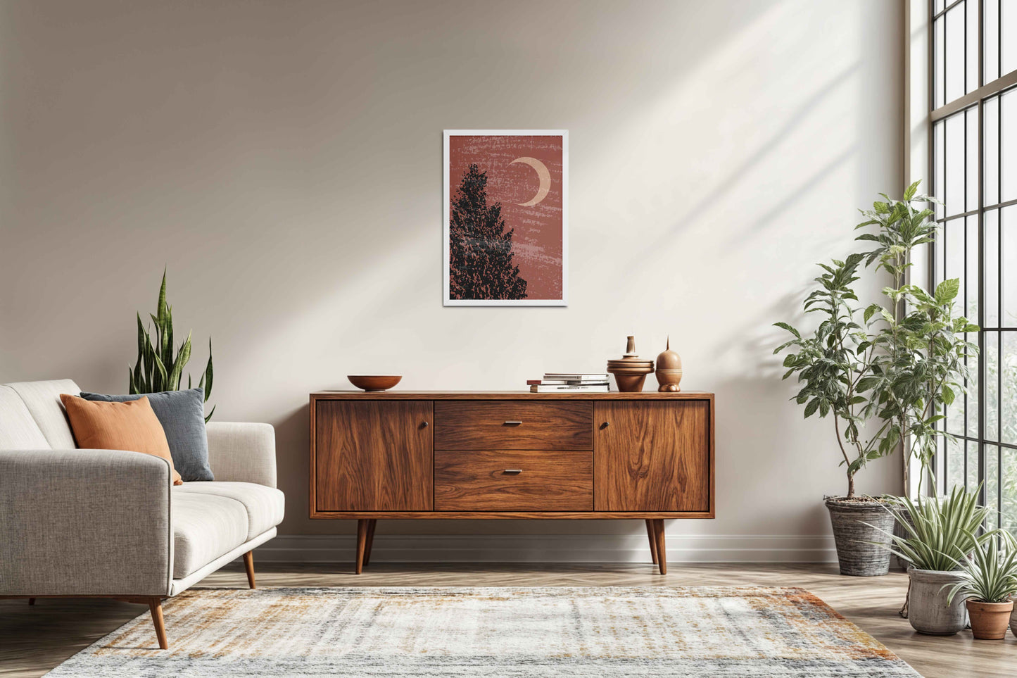 Living Room Sofa Preview of Sacred Moon & Tree – Boho-Inspired Wall Decor in White Color Frame