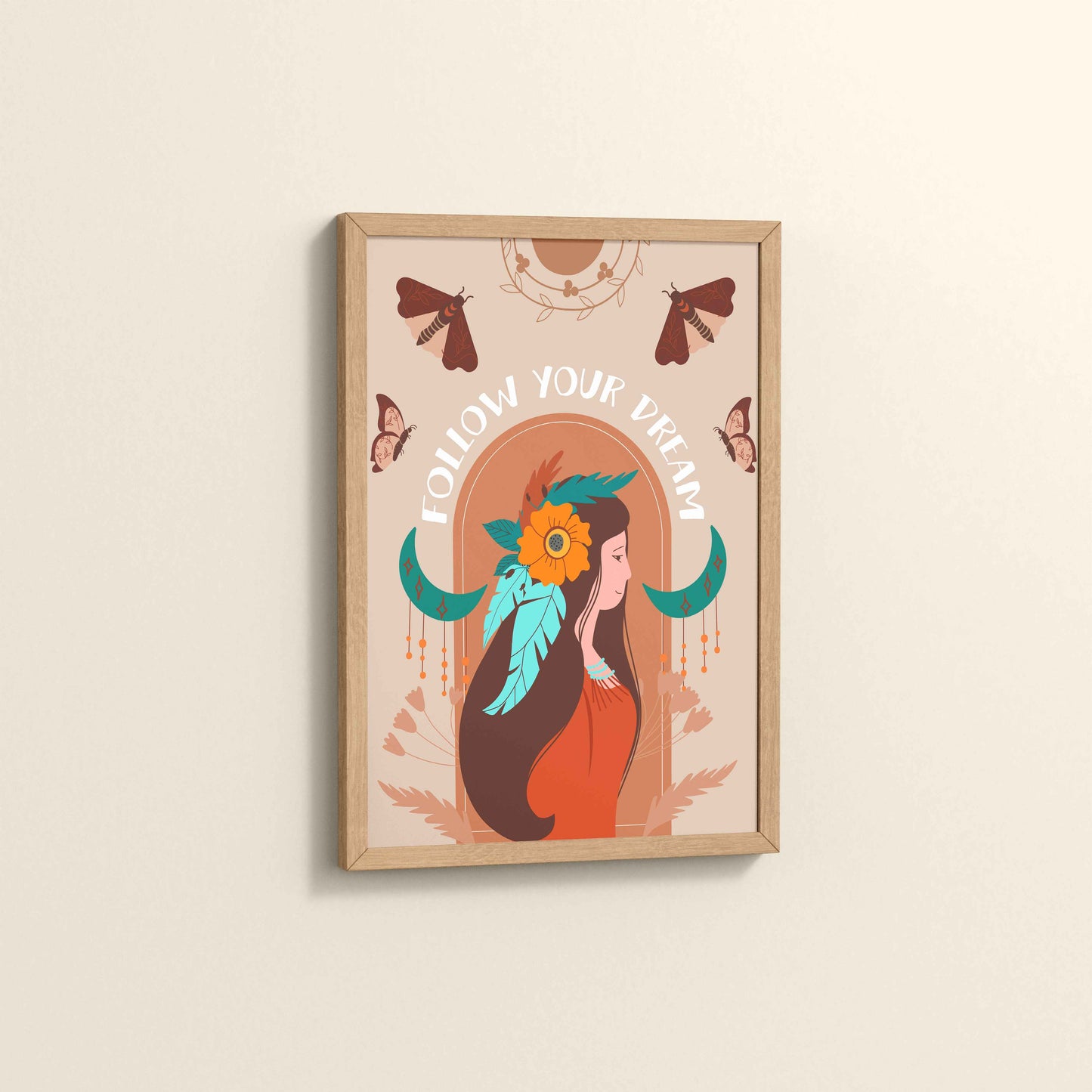 Side View of Follow Your Dream – Boho Spirit Wall Art in Natrual Color Frame