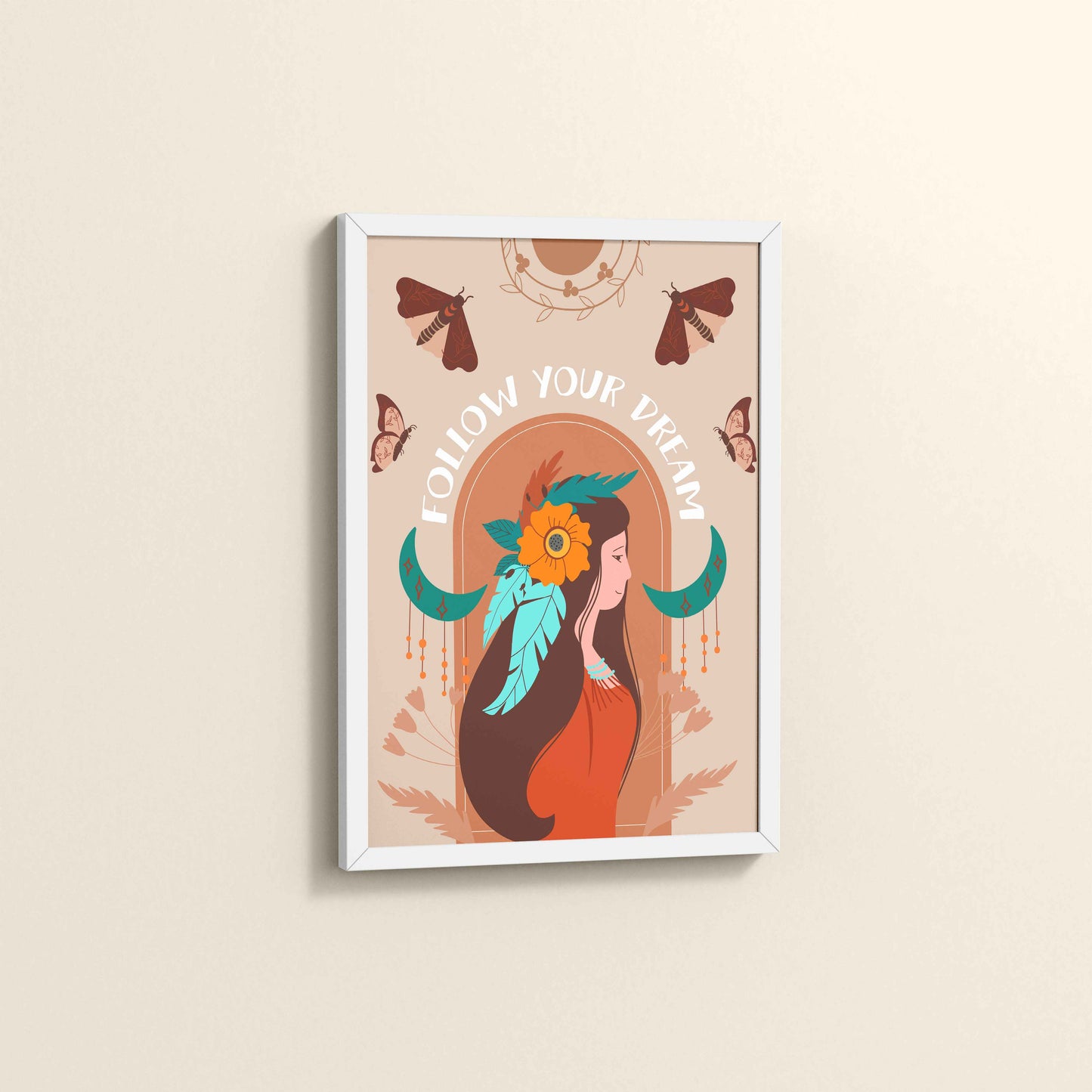 Side View of Follow Your Dream – Boho Spirit Wall Art in White Color Frame