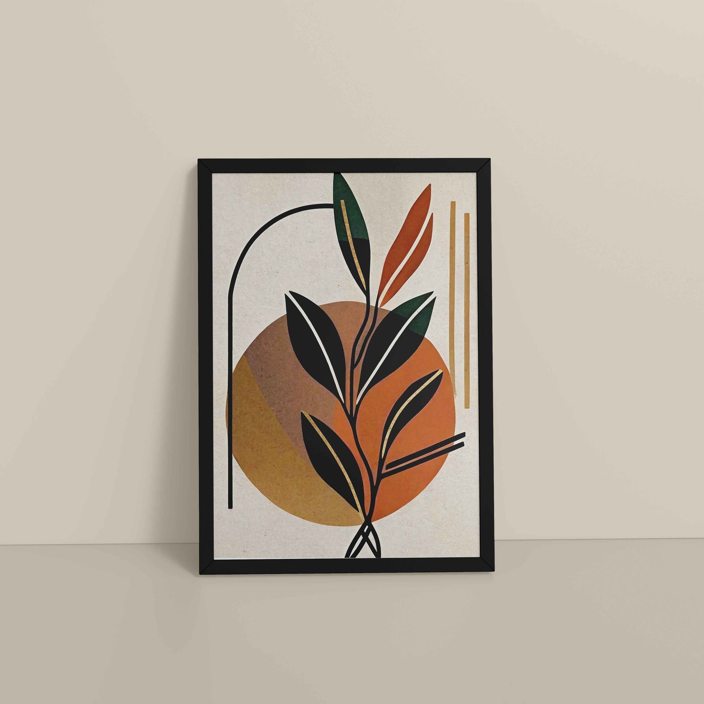 Floor View of Serene Leaves – Modern Abstract Bohemian Painting in Black Color Frame