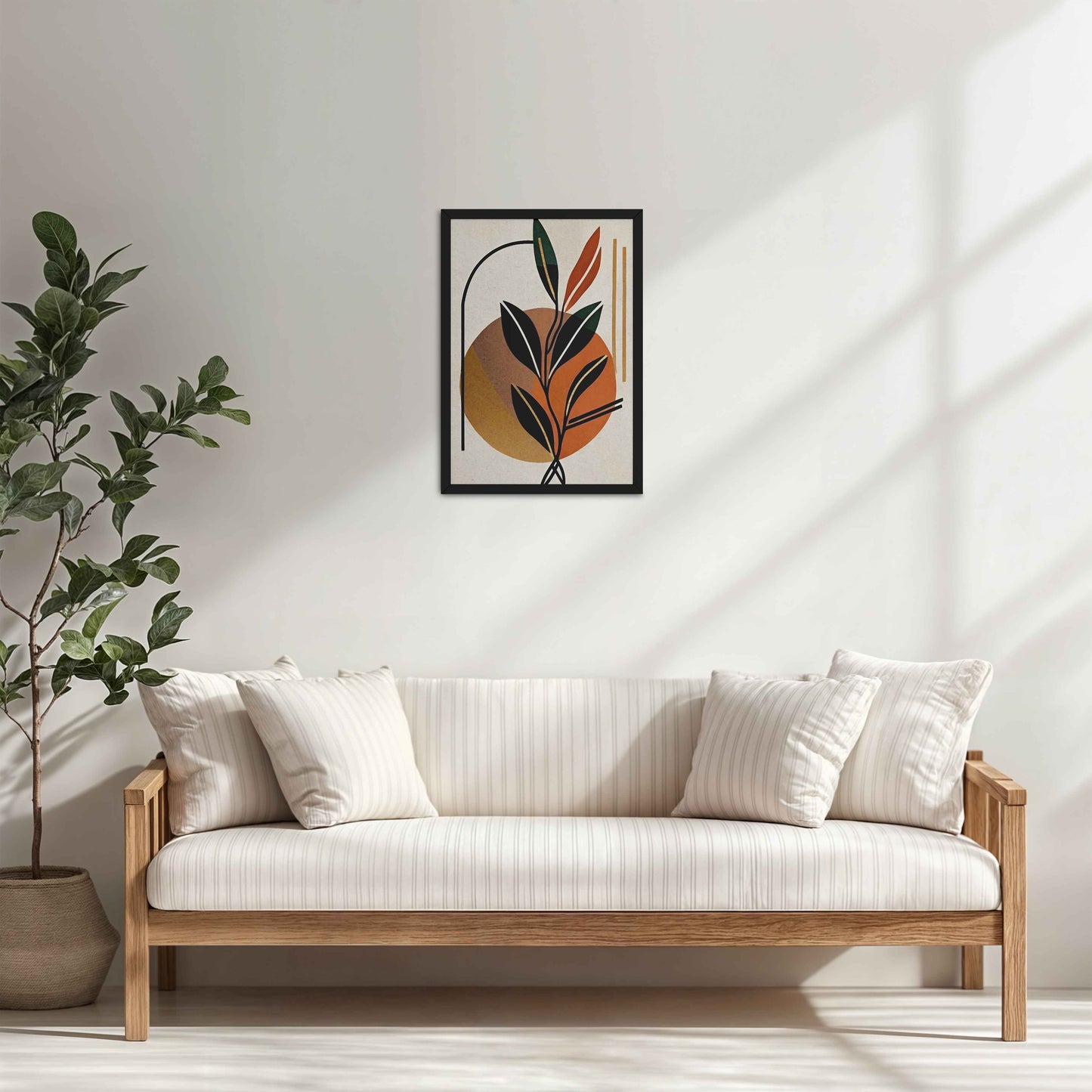 Living Room Cabinet Table Preview of Serene Leaves – Modern Abstract Bohemian Painting in Black Color Frame