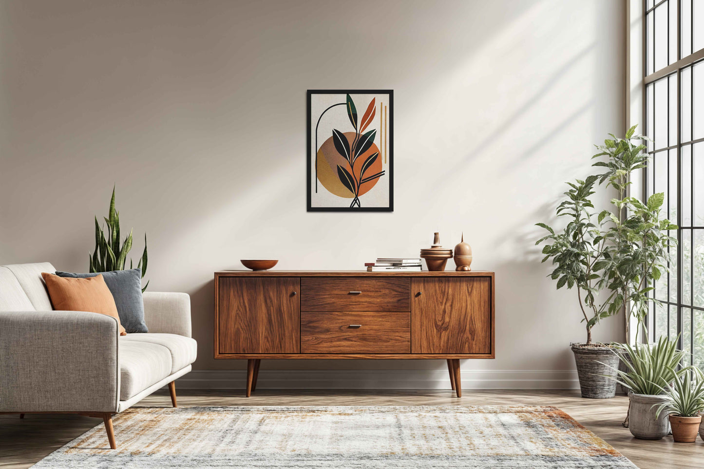 Living Room Sofa Preview of Serene Leaves – Modern Abstract Bohemian Painting in Black Color Frame