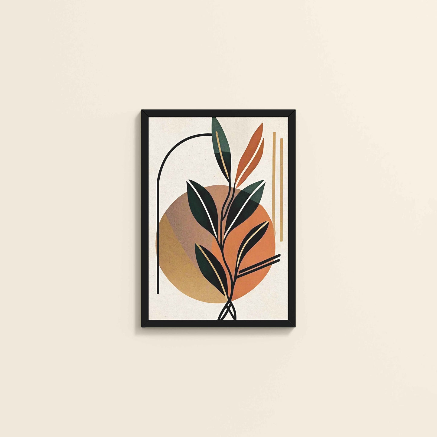 Wall View of Serene Leaves – Modern Abstract Bohemian Painting in Black Color Frame