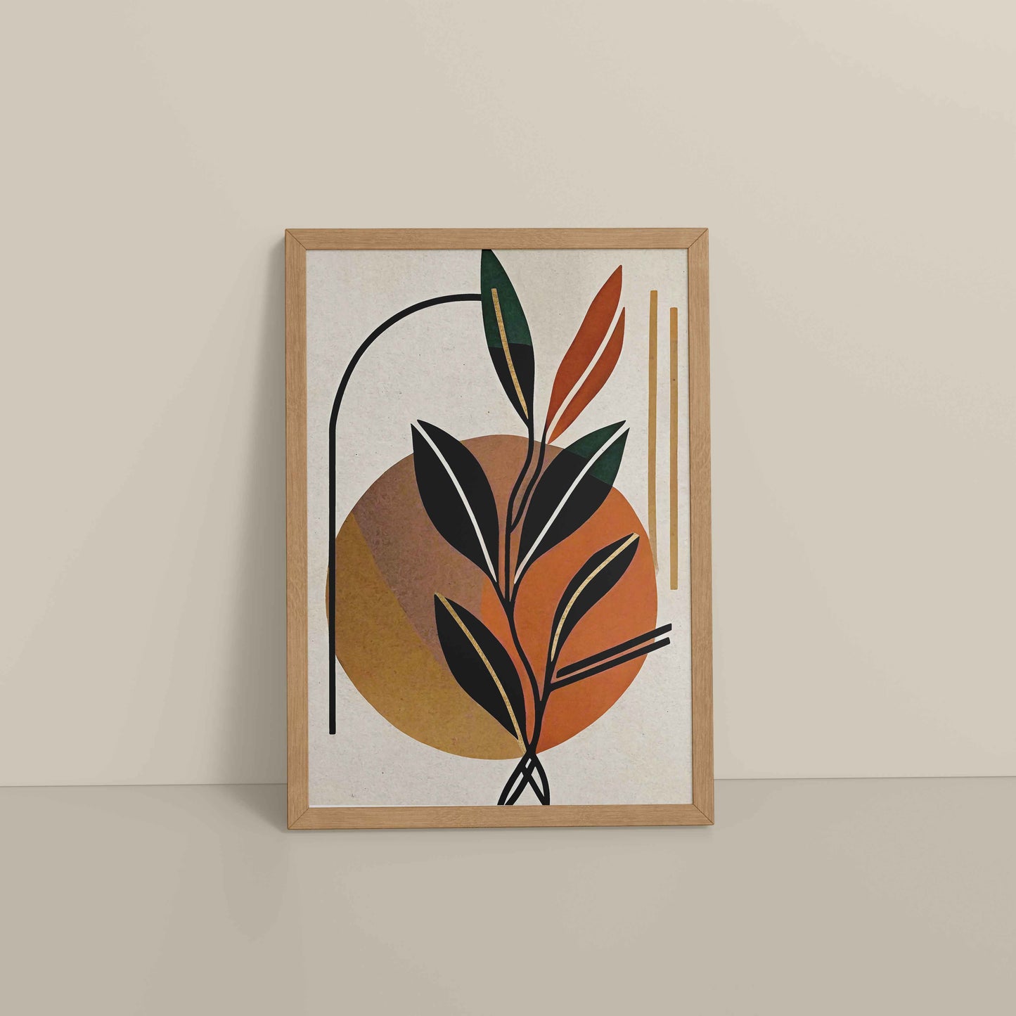 Floor View of Serene Leaves – Modern Abstract Bohemian Painting in Natrual Color Frame