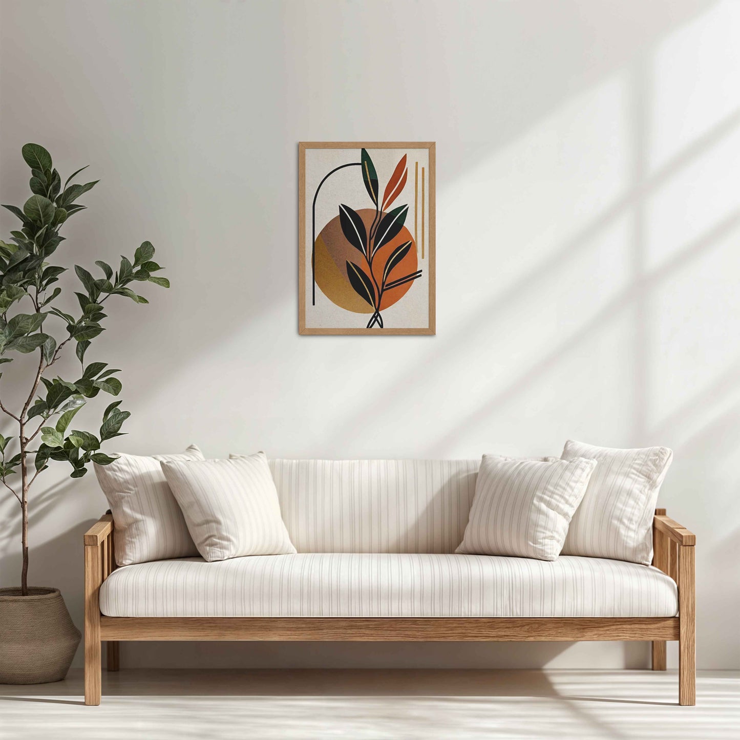 Living Room Cabinet Table Preview of Serene Leaves – Modern Abstract Bohemian Painting in Natrual Color Frame