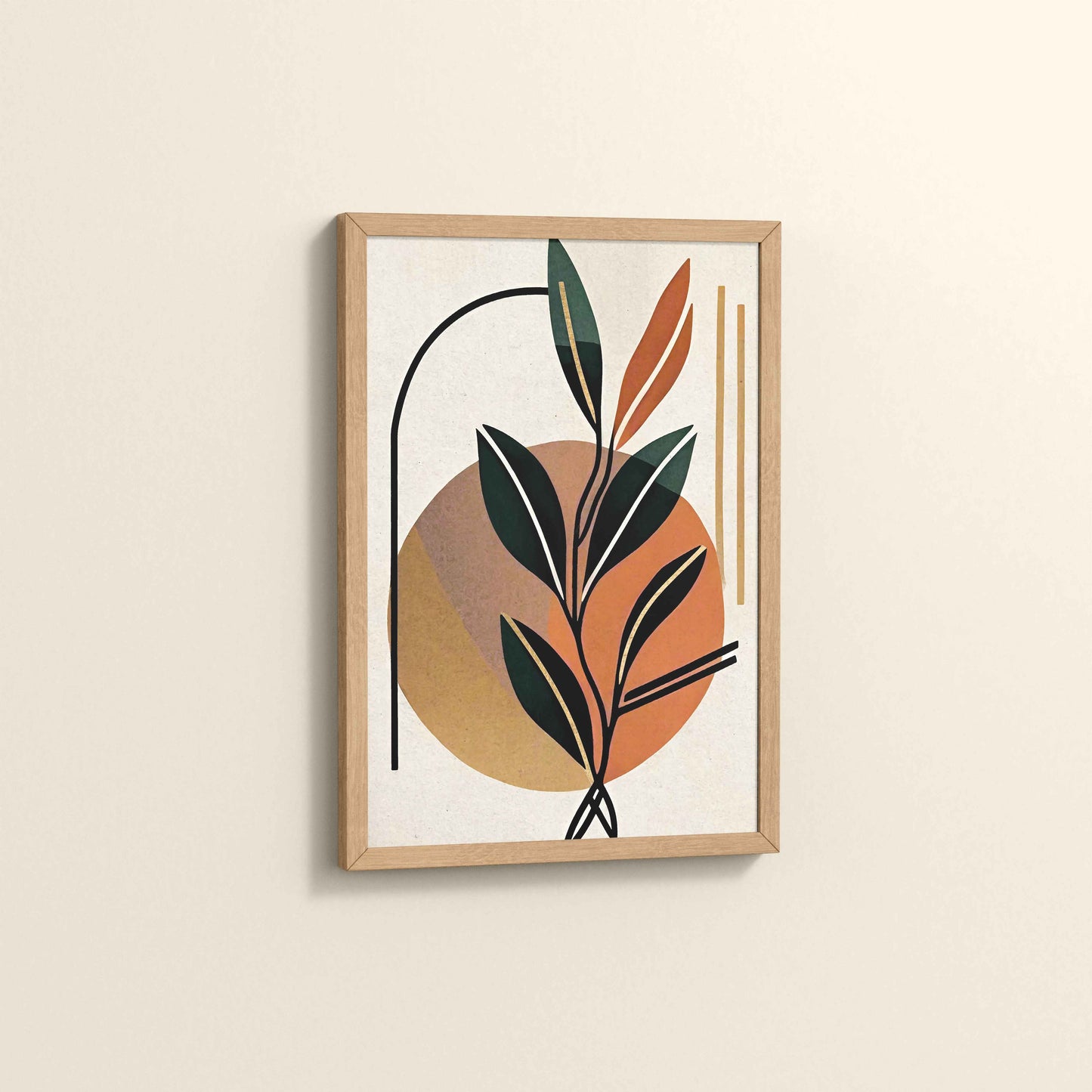 Side View of Serene Leaves – Modern Abstract Bohemian Painting in Natrual Color Frame