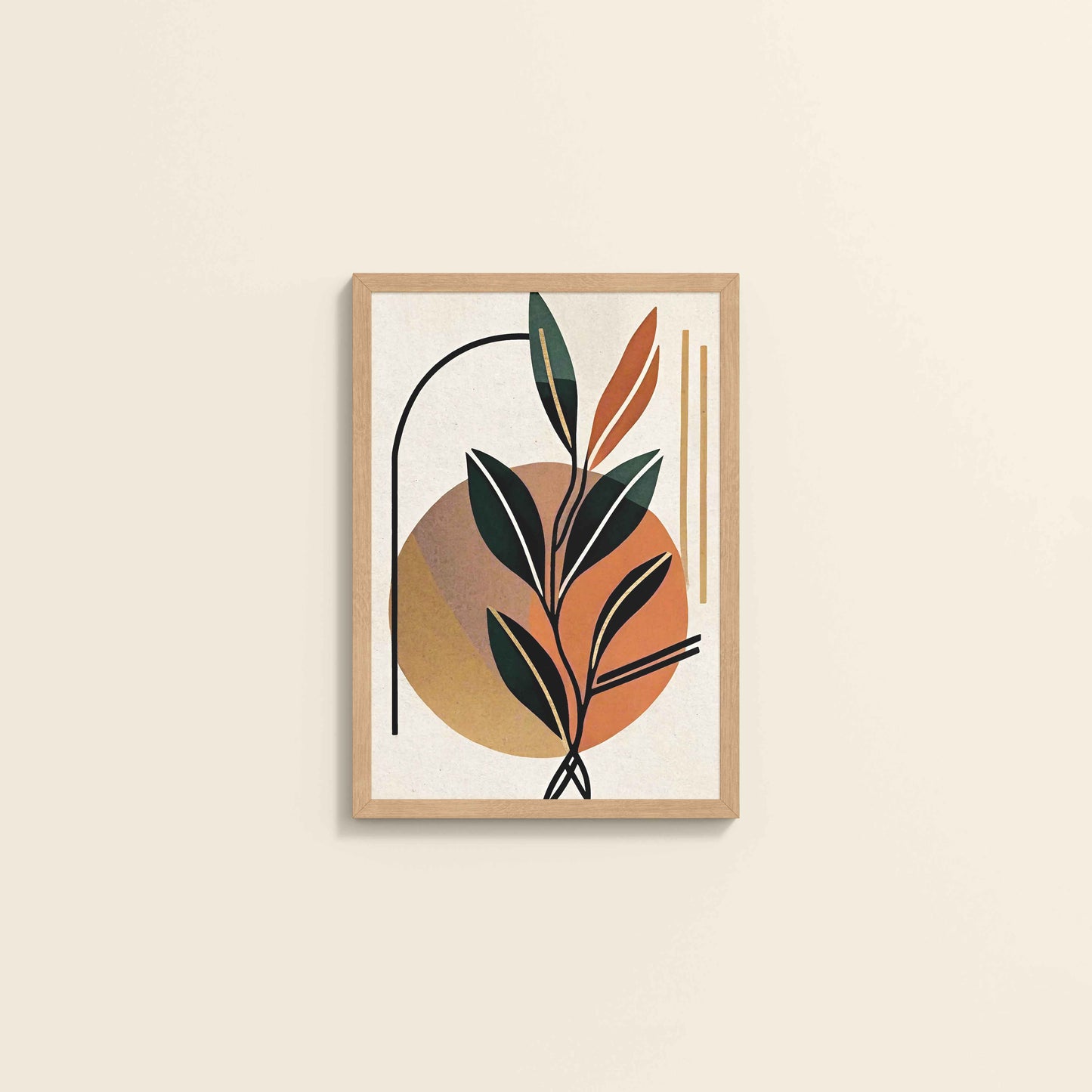 Wall View of Serene Leaves – Modern Abstract Bohemian Painting in Natrual Color Frame