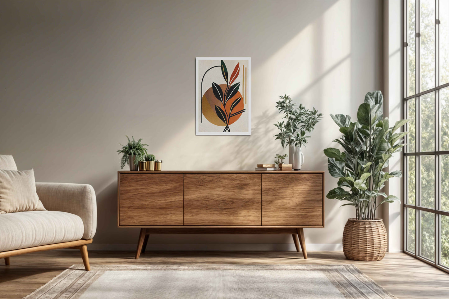 Living Room Cabinet Preview of Serene Leaves – Modern Abstract Bohemian Painting in White Color Frame