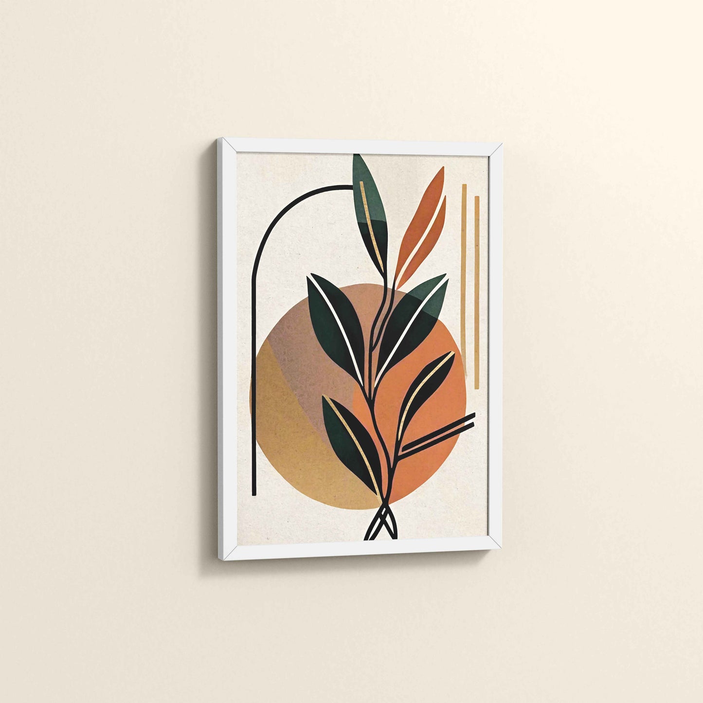 Side View of Serene Leaves – Modern Abstract Bohemian Painting in White Color Frame