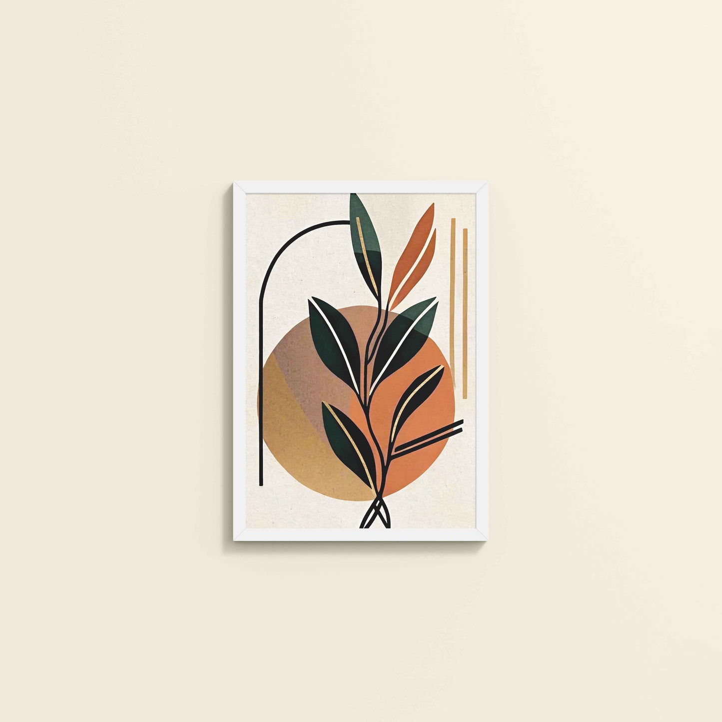 Wall View of Serene Leaves – Modern Abstract Bohemian Painting in White Color Frame