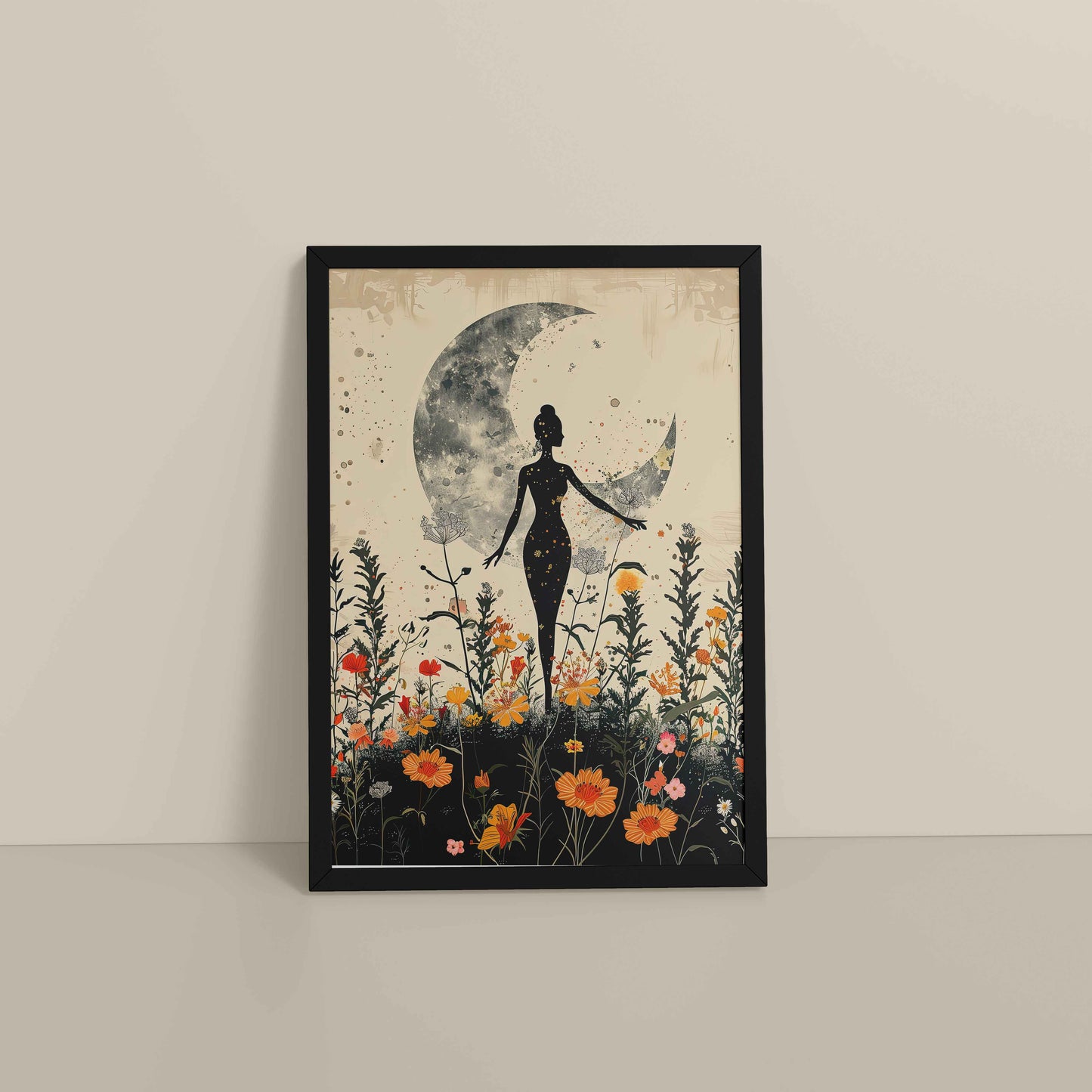 Floor View of Flower Moon with Girl – Boho Wall Art & Decor in Black Color Frame