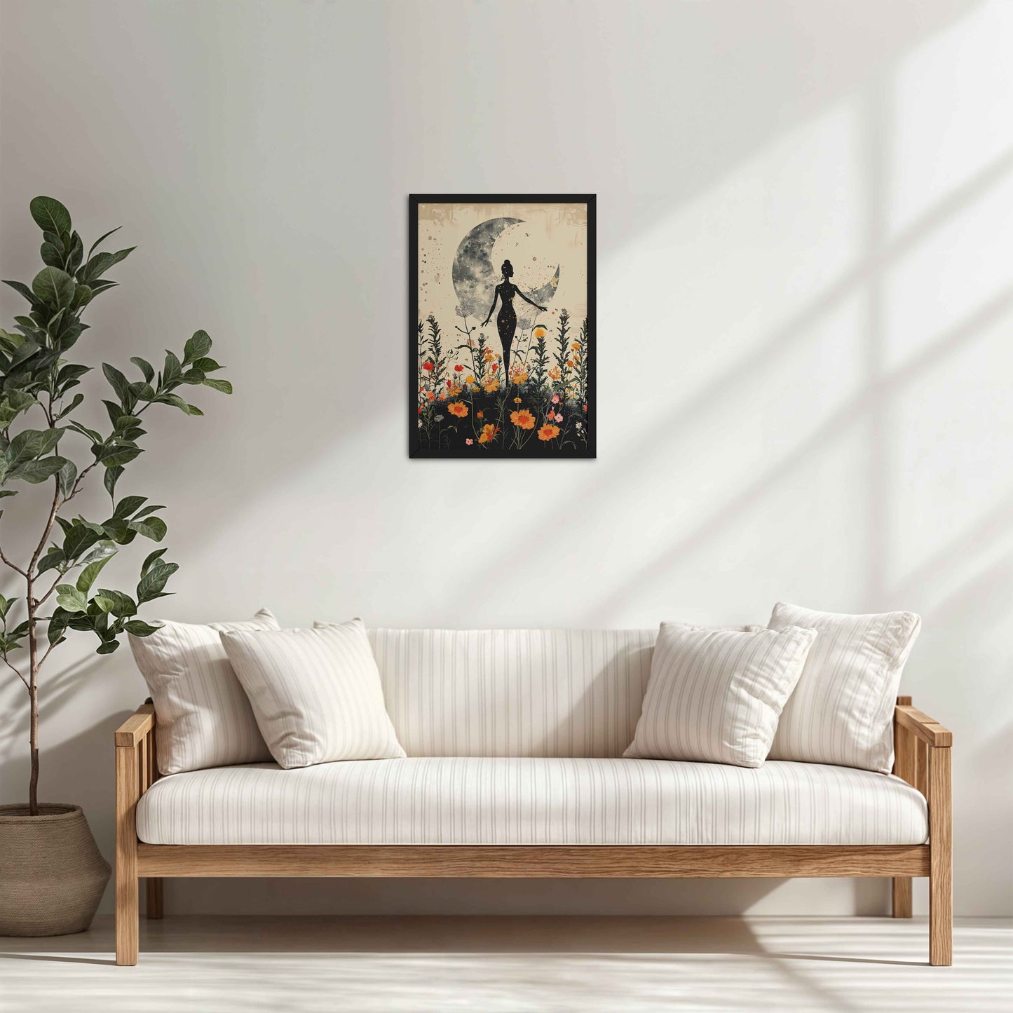 Living Room Cabinet Table Preview of Flower Moon with Girl – Boho Wall Art & Decor in Black Color Frame